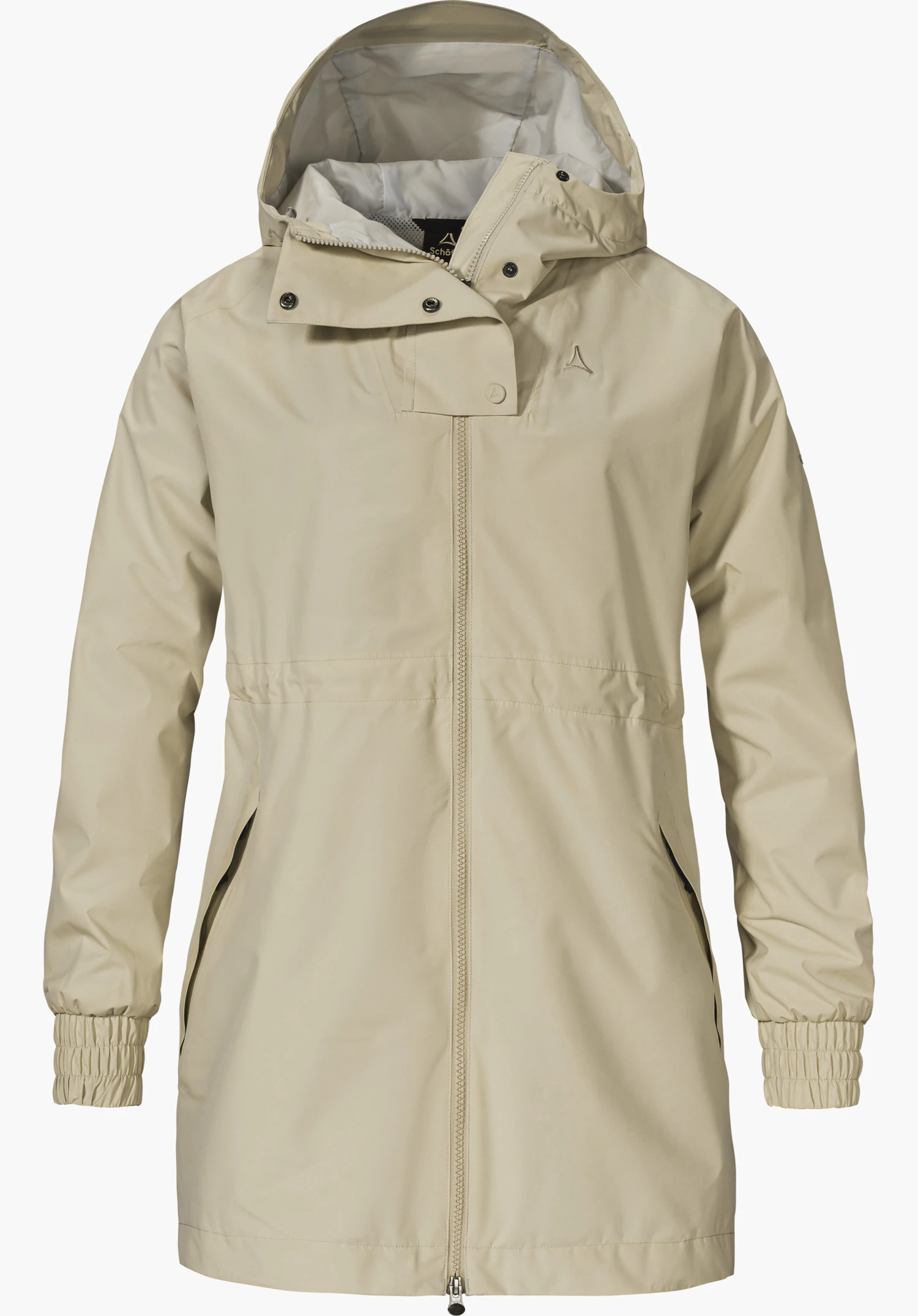 Parka Style Bohorok WMS in beige with a hood, full-length zip and subtle Schöffel logo on the chest, isolated on a white background.