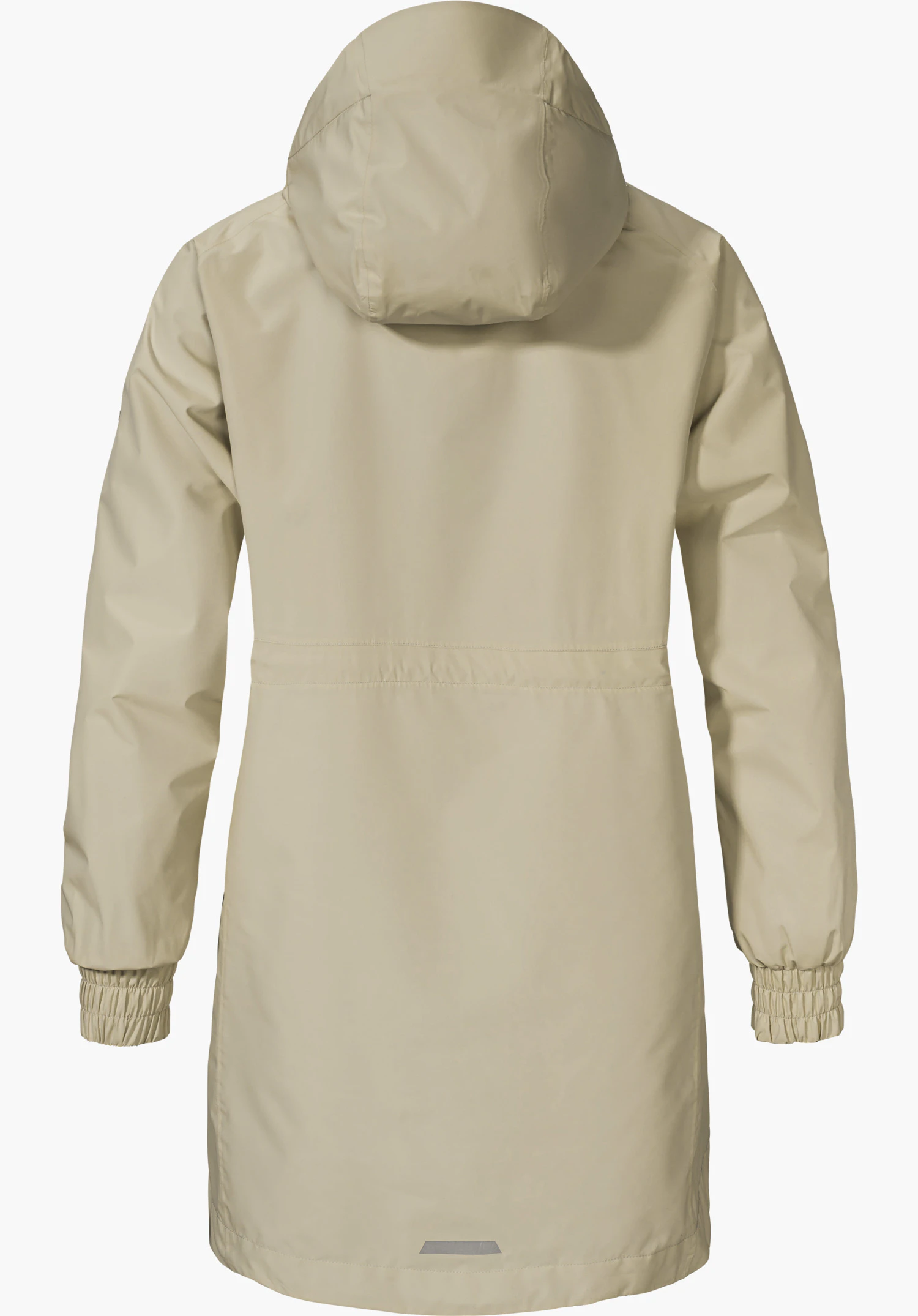 Parka Style Bohorok WMS in beige, back view with hood and gathered waist, isolated on a white background.