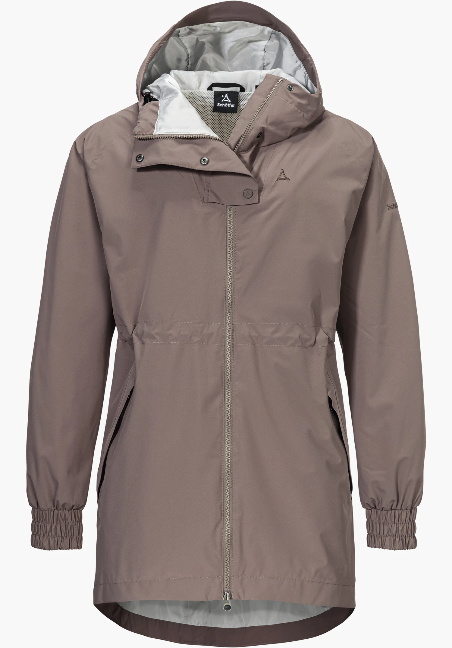 Parka Style Bohorok WMS in brown features a front zip, a hood, and a subtle Schöffel logo on the left chest, isolated against a white background.