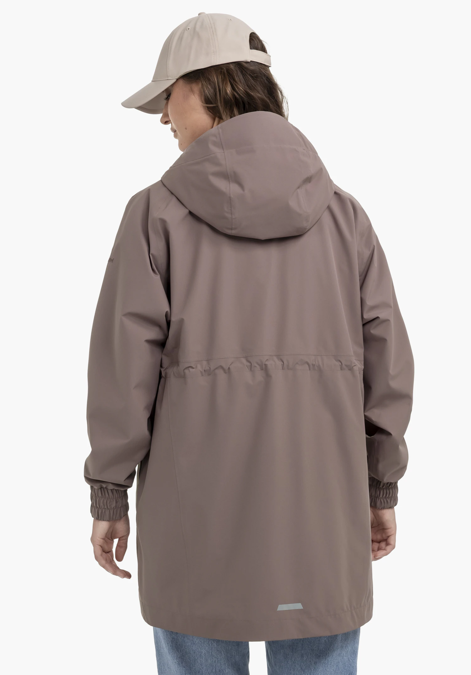 Parka Style Bohorok WMS in brown, worn by a model in a back view. You can see the hood, the gathered waist, elasticated cuffs and the Schöffel logo on the left sleeve against a neutral background.