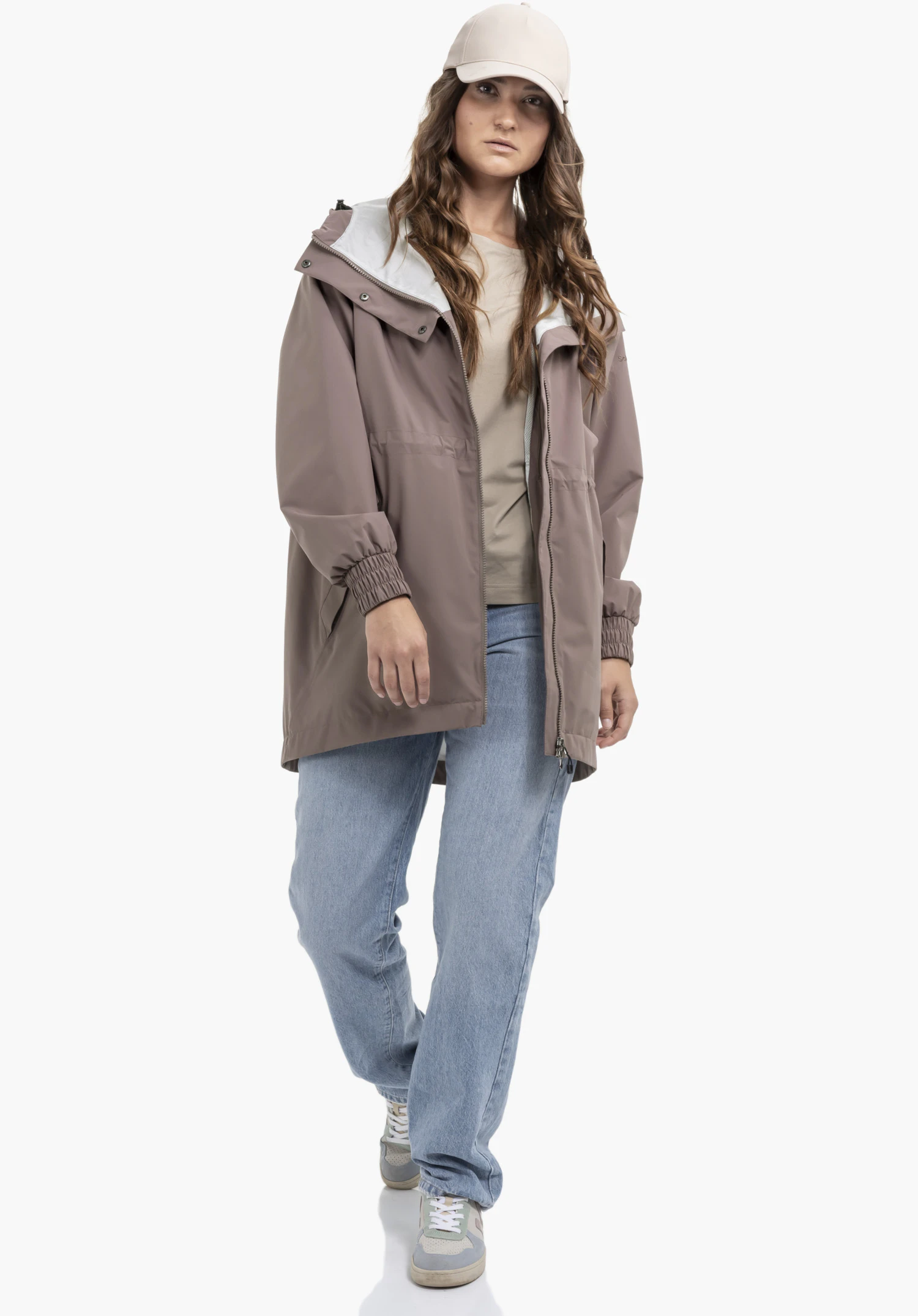 Parka Style Bohorok WMS, showing the subtle Schöffel logo print on the smooth brown fabric on the upper sleeve. Close-up against a white/neutral background.