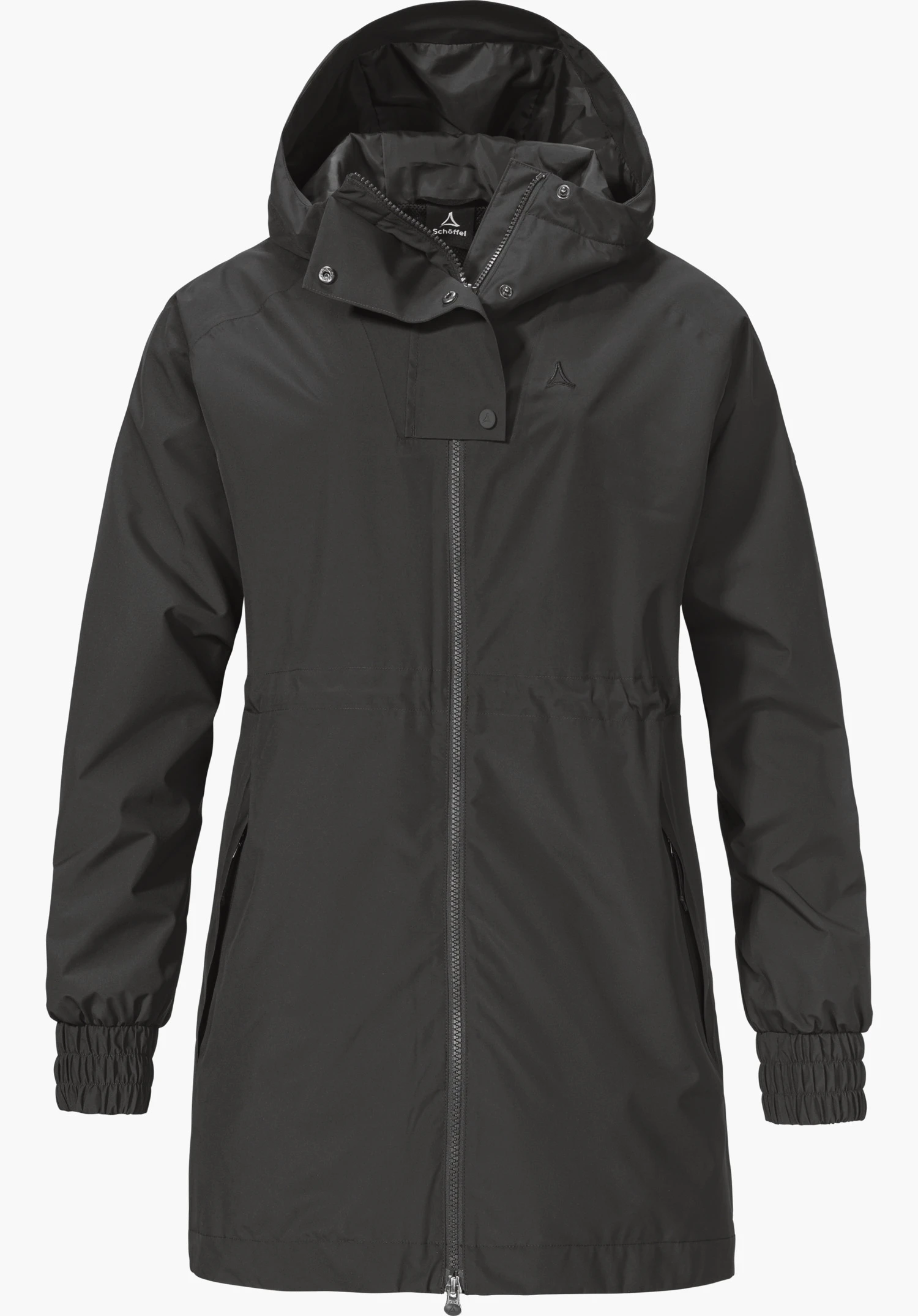 Parka Style Bohorok WMS in black colour with a hood, front zip, and Schöffel logo on the left chest, isolated against a white background.