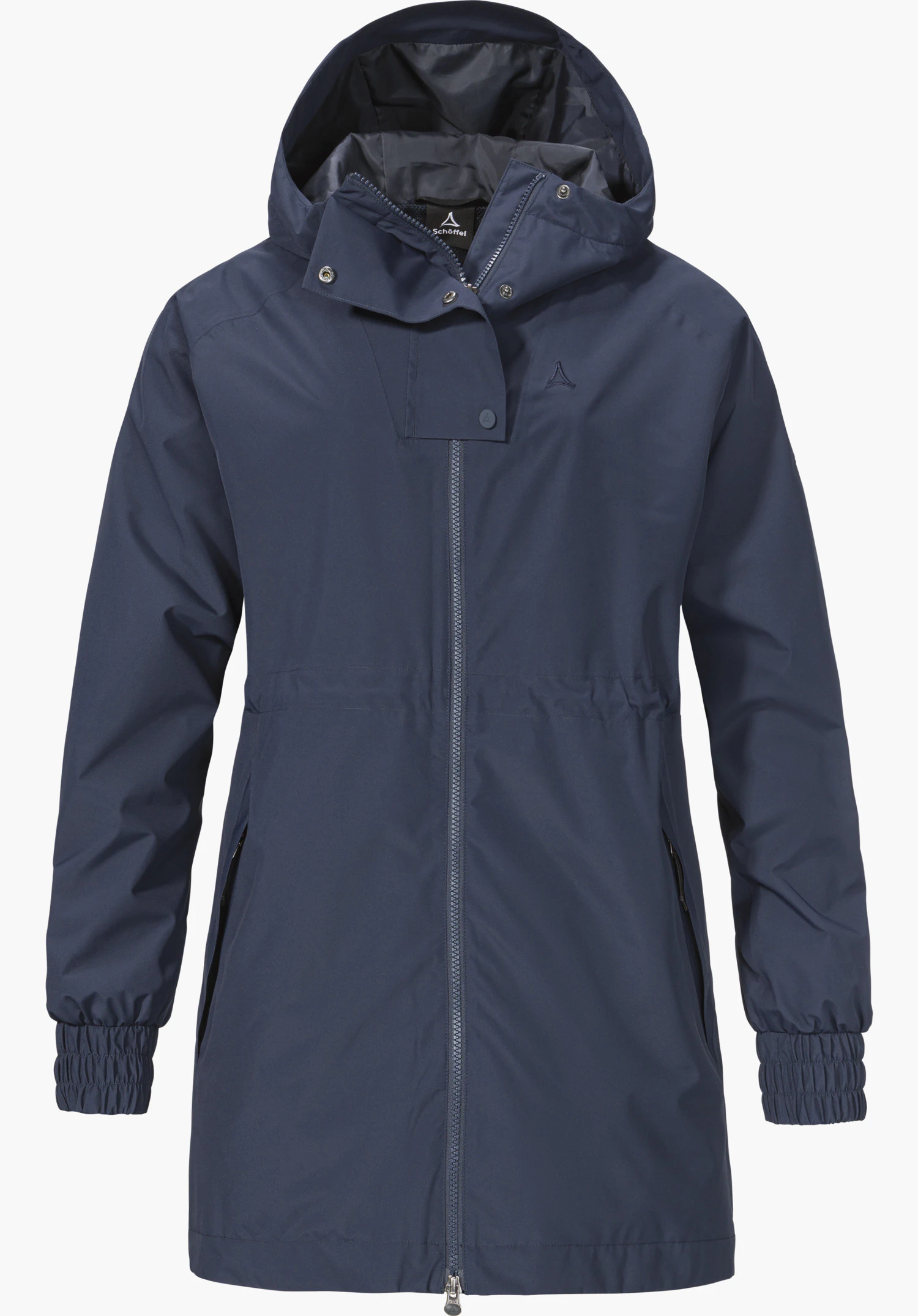 Parka Style Bohorok WMS in blue with a hood, front zip and Schöffel logo on the chest, isolated against a white background.