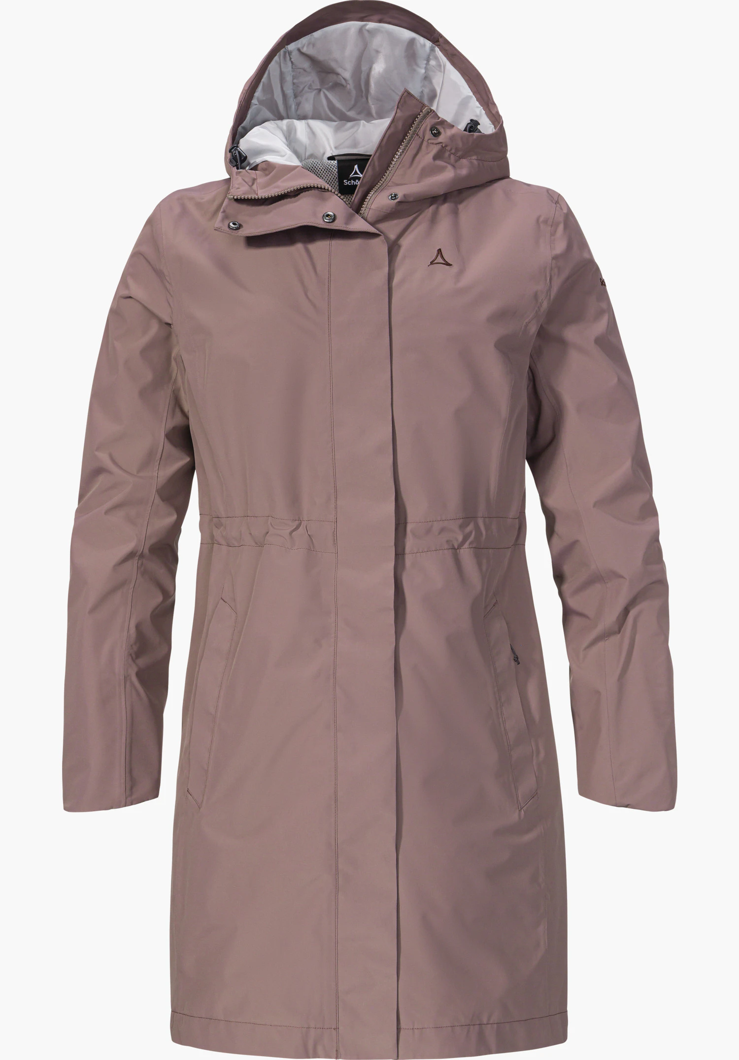Coat Style Bohorok WMS as a brown coat with a hood, waist drawcord detailing and a subtle Schöffel logo on the left chest, isolated against a white background.