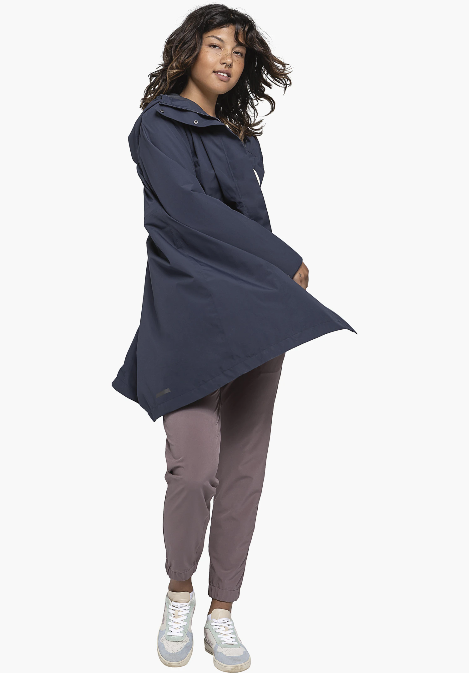 Coat Style Bohorok WMS, focusing on the metallic press studs on the collar and the texture of the smooth blue fabric, close-up against a white/neutral background.