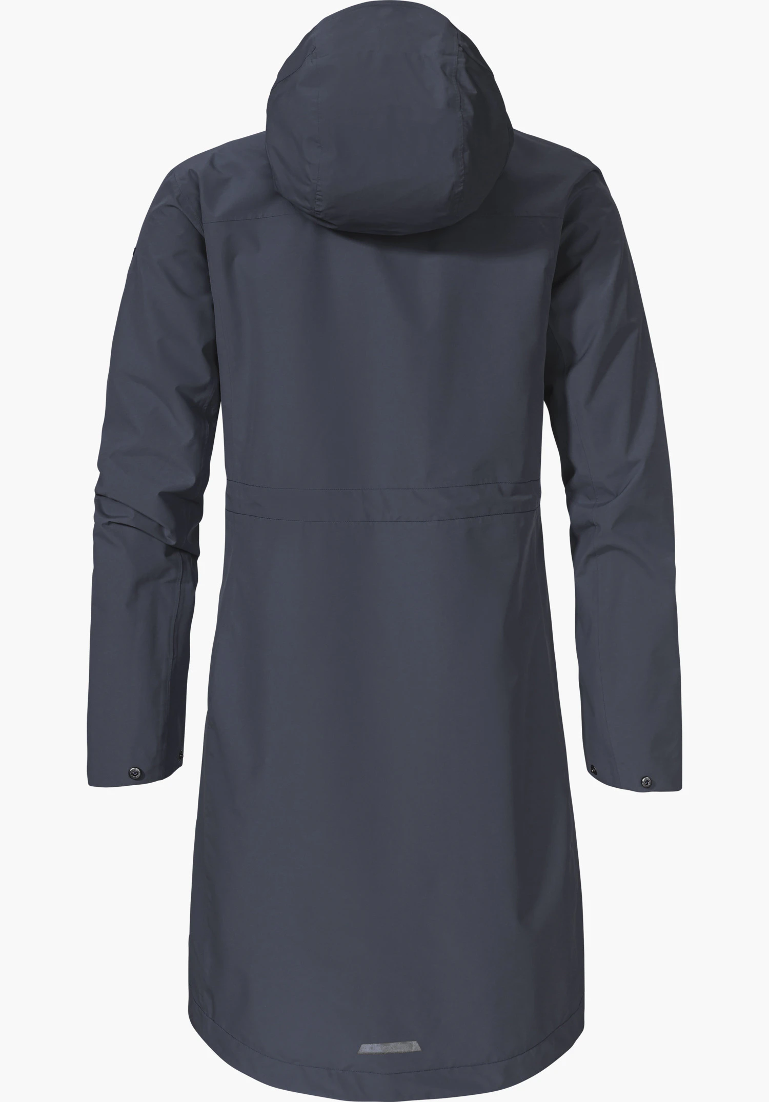 Coat Style Bohorok WMS shows the back view of the blue coat with a hood and reflective detail at the hem, isolated on a white background.