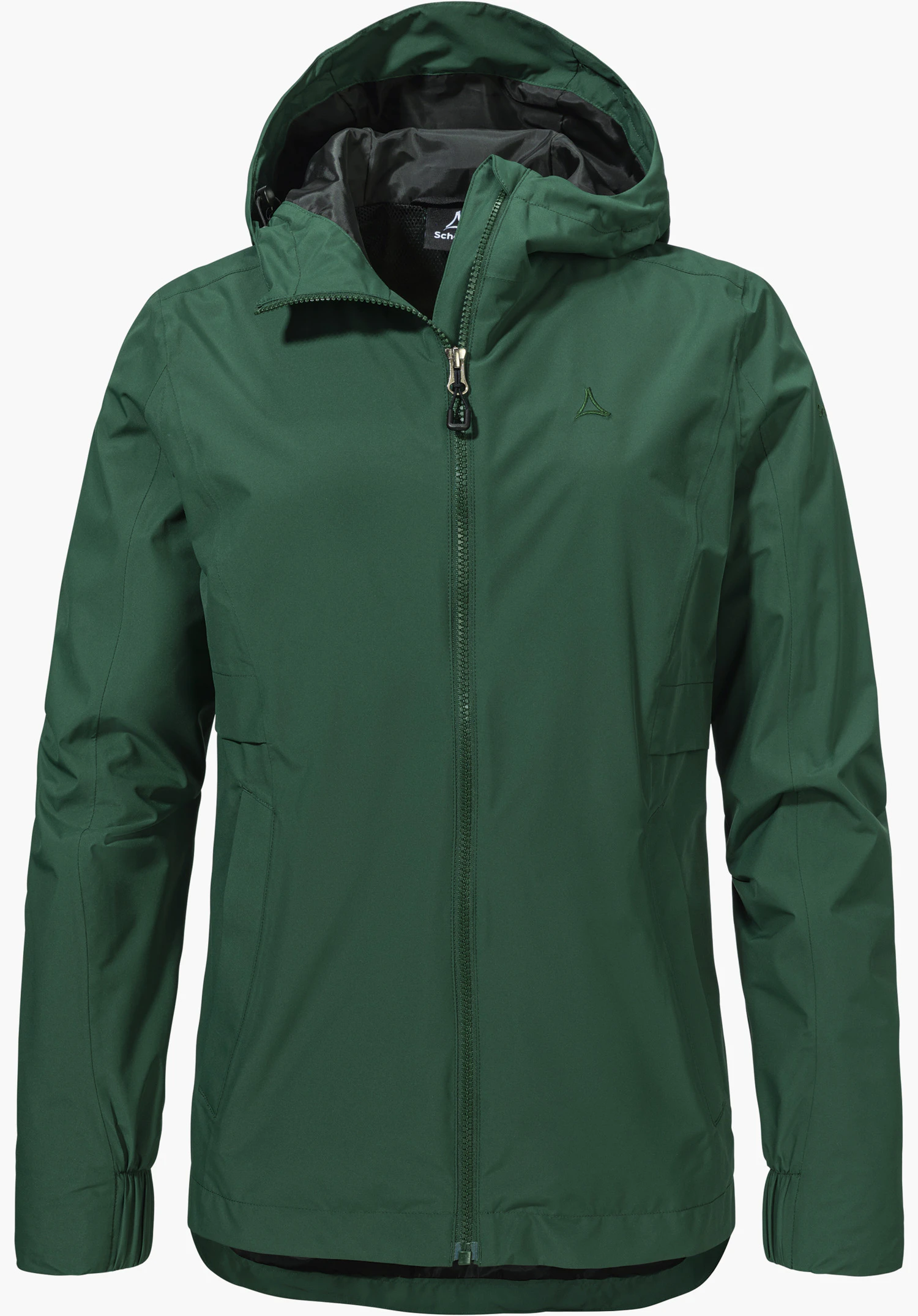 Jacket Style Bohorok WMS shows the upper front zip with puller and the embroidered Schöffel-Logo on the green fabric, as a close-up against a white/neutral background.