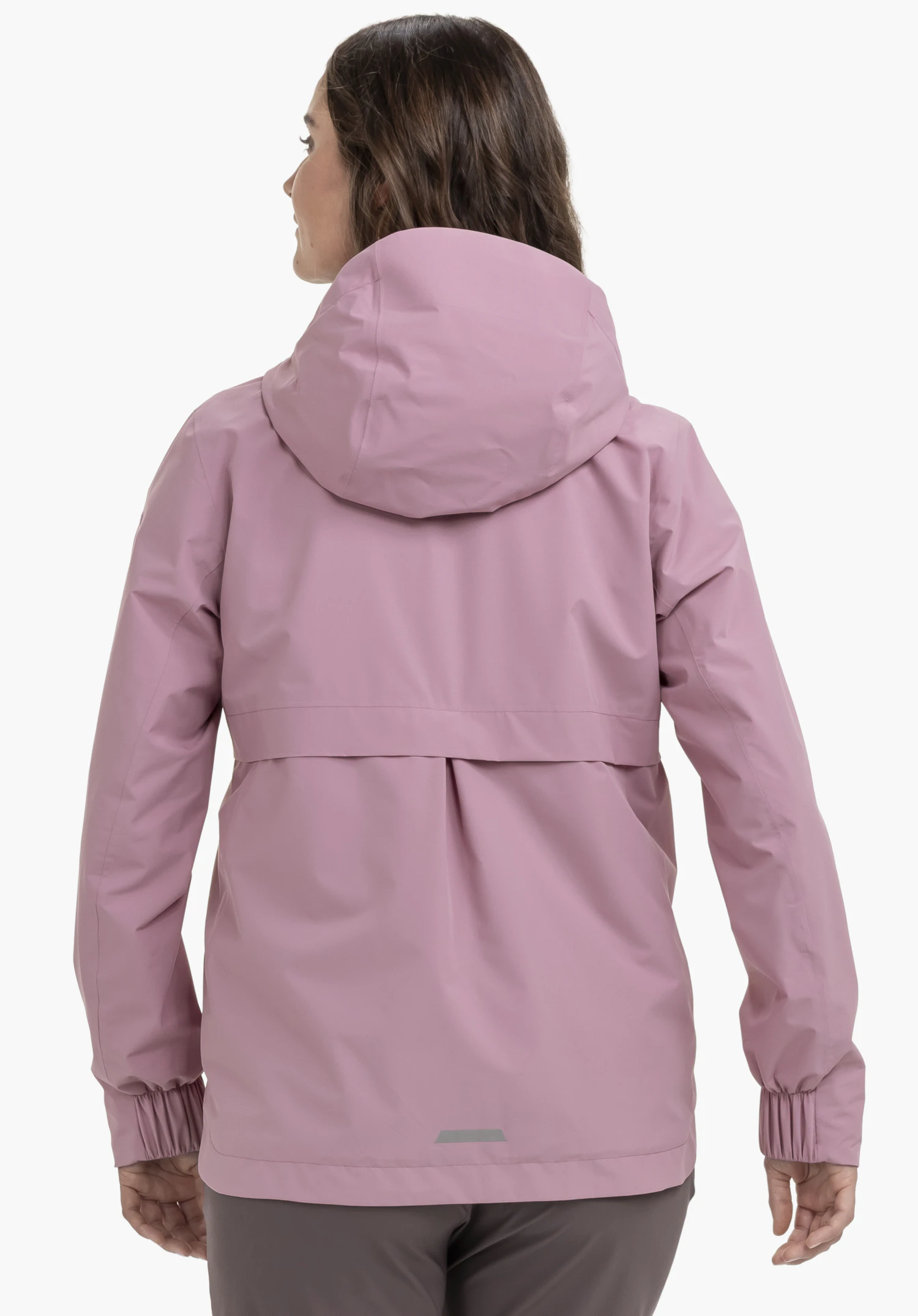 Jacket Style Bohorok WMS in the colour pink. The model is shown in a back view wearing the jacket with a hood and elasticated cuffs. The model stands against a neutral background.