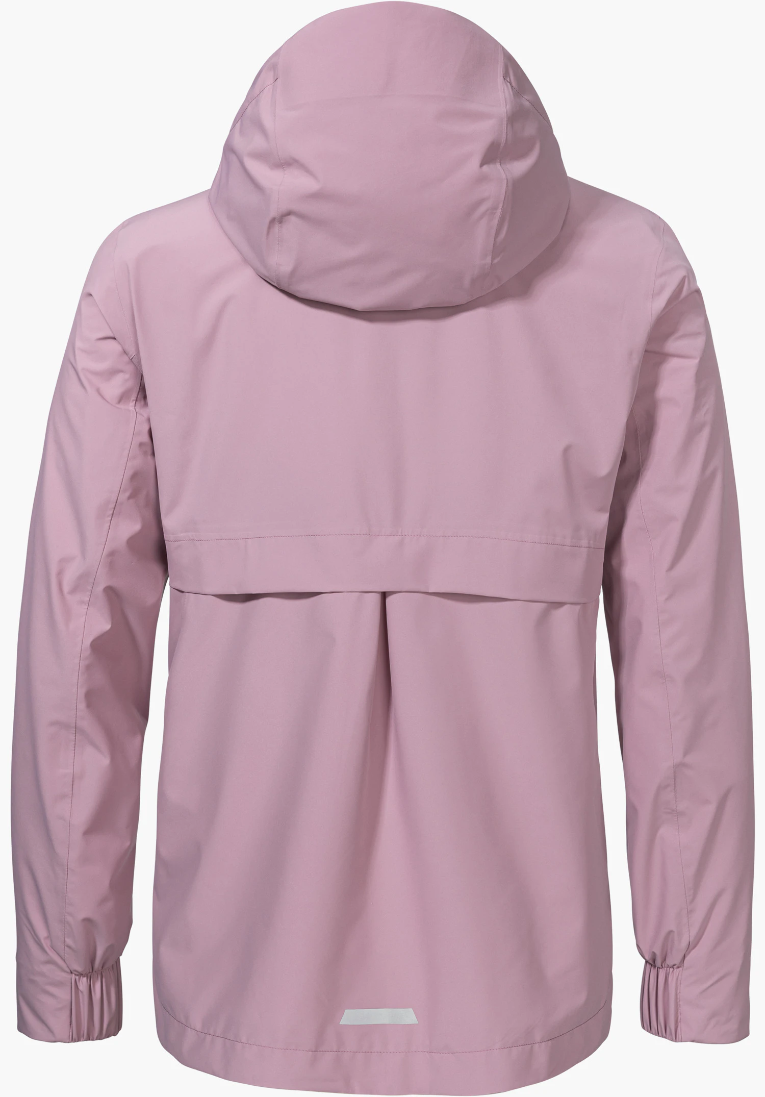 Jacket Style Bohorok WMS in pink shows the back view featuring a hood, a prominent back pleat and a small reflective detail at the hem, isolated on a white background.