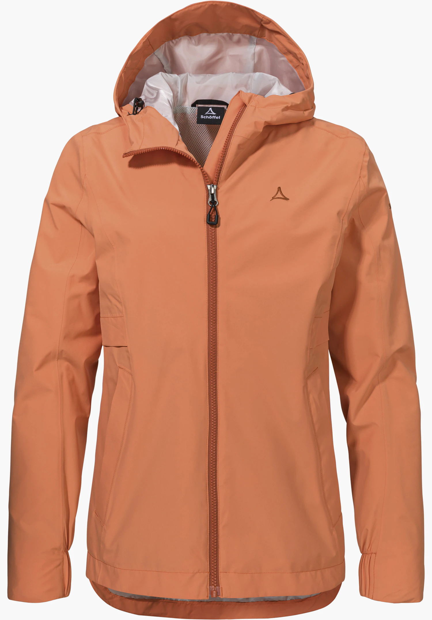 Jacket Style Bohorok WMS zeigt den robusten Frontreißverschluss und das filigrane Schöffel-Logo auf dem glatten, orangefarbenen Stoff. Nahaufnahme vor weißem/neutralem Hintergrund.