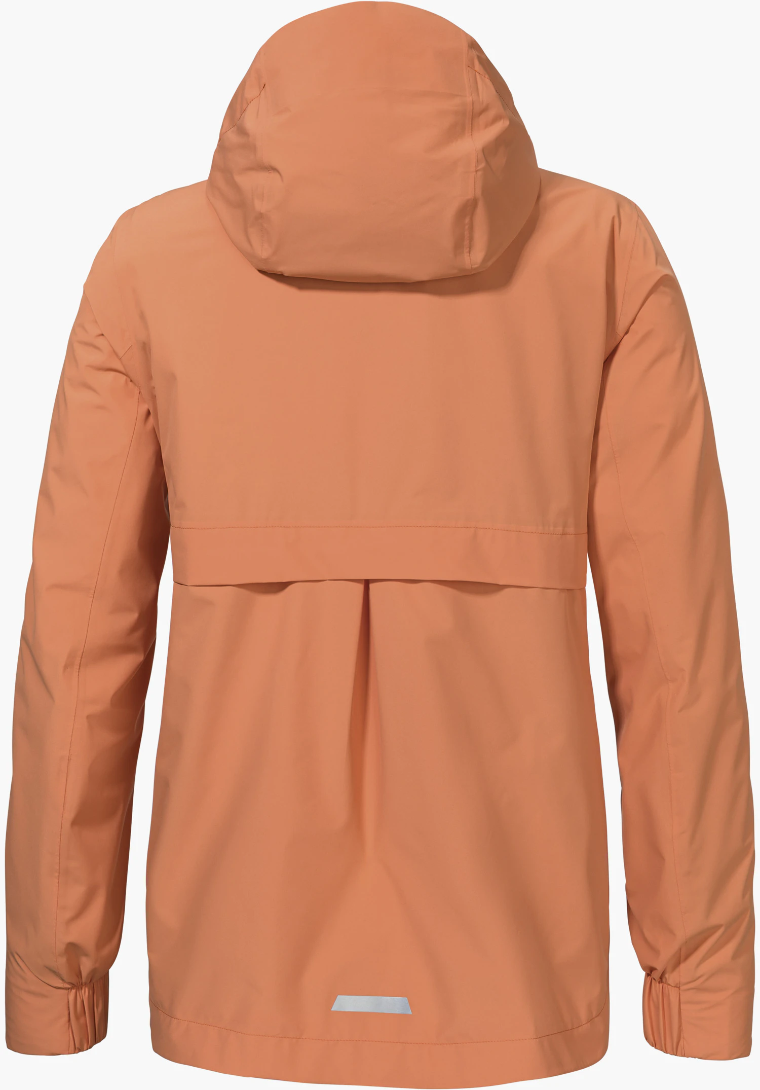 Jacket Style Bohorok WMS is shown from the back in the colour orange, featuring a hood, a central back pleat and a small reflective detail at the hem, isolated on a white background.