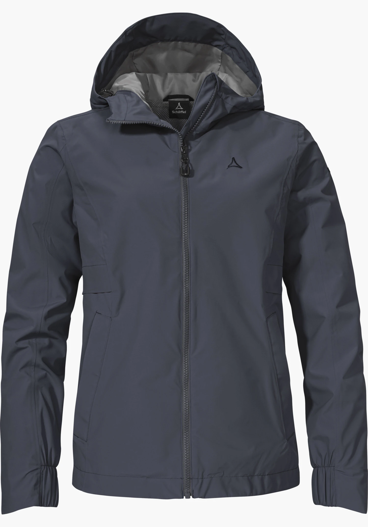 Jacket Style Bohorok WMS en bleu avec capuche, fermeture éclair intégrale sur le devant et logo Schöffel visible sur la poitrine gauche, isolée sur fond blanc.