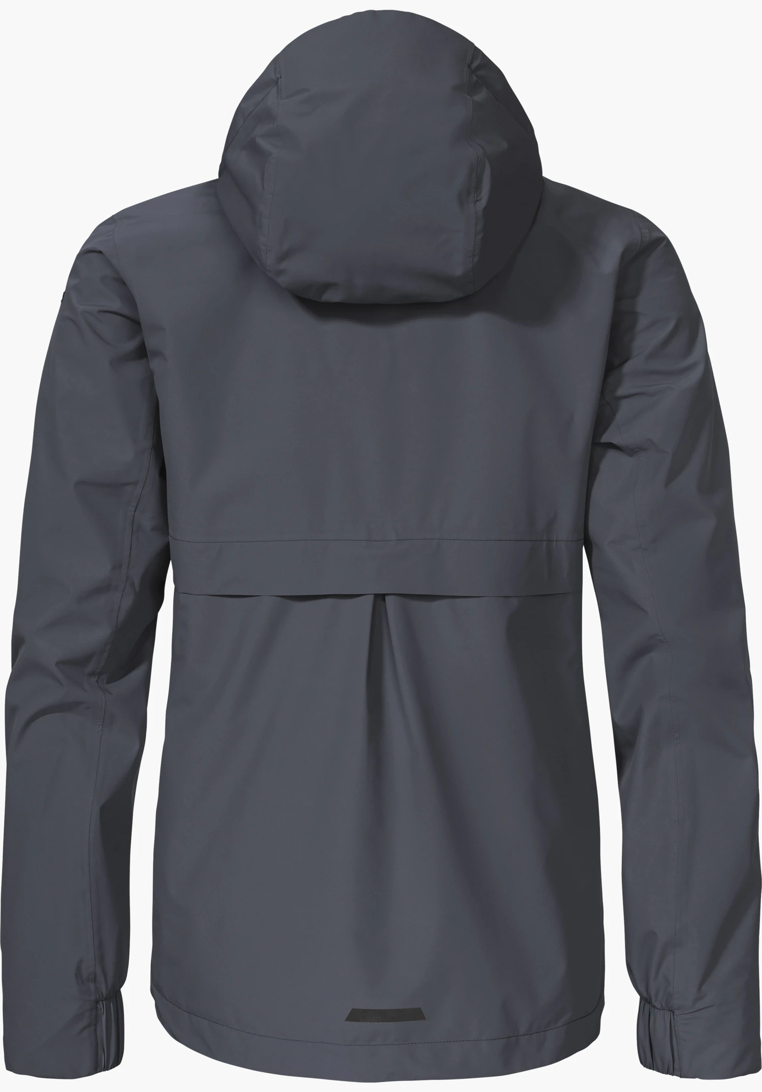 Jacket Style Bohorok WMS shows the back view of a blue jacket featuring a hood, a horizontal seam and a pleat in the lower back area, isolated on a white background.