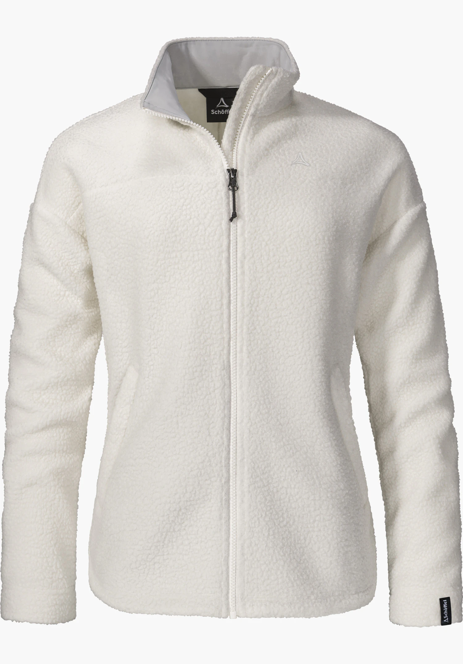 CIRC Fleece Jk Style Purga WMS as a fluffy fleece jacket in the colour natural with a full-length zip, stand-up collar and Schöffel logo on the left chest, isolated on a white background.