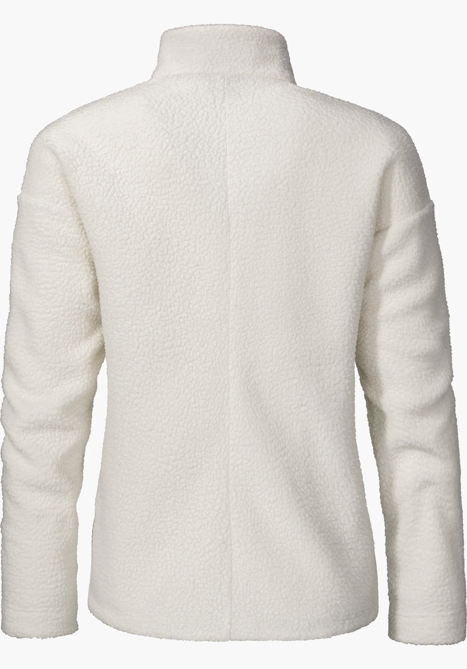 CIRC Fleece Jk Style Purga WMS in the colour natural shows the fluffy back with a stand-up collar and central seam, isolated on a white background.