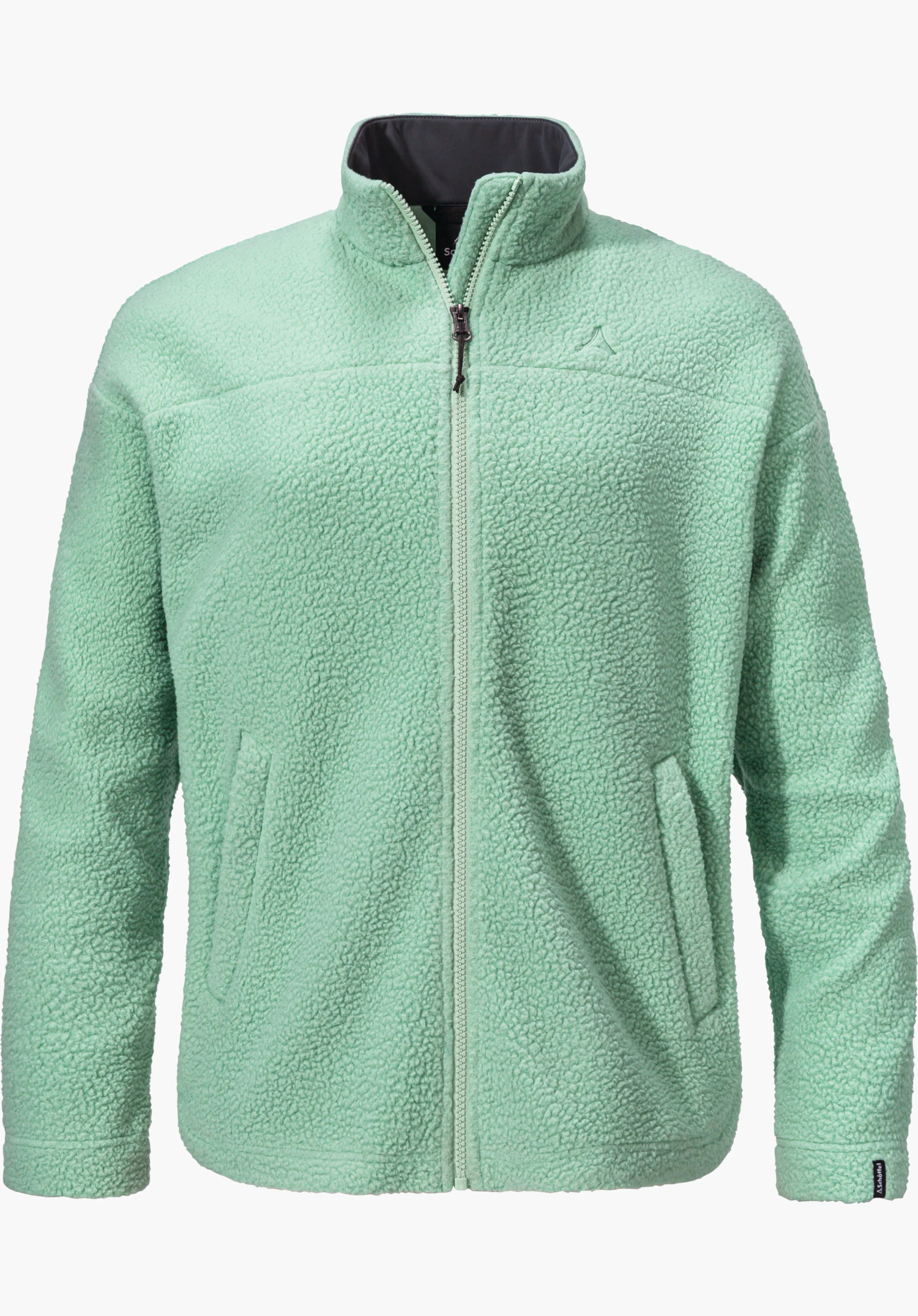 CIRC Fleece Jk Style Purga WMS veste polaire vert clair, fermeture éclair fermée, logo Schöffel sur la poitrine; polaire teddy duveteuse, détourée sur fond blanc.