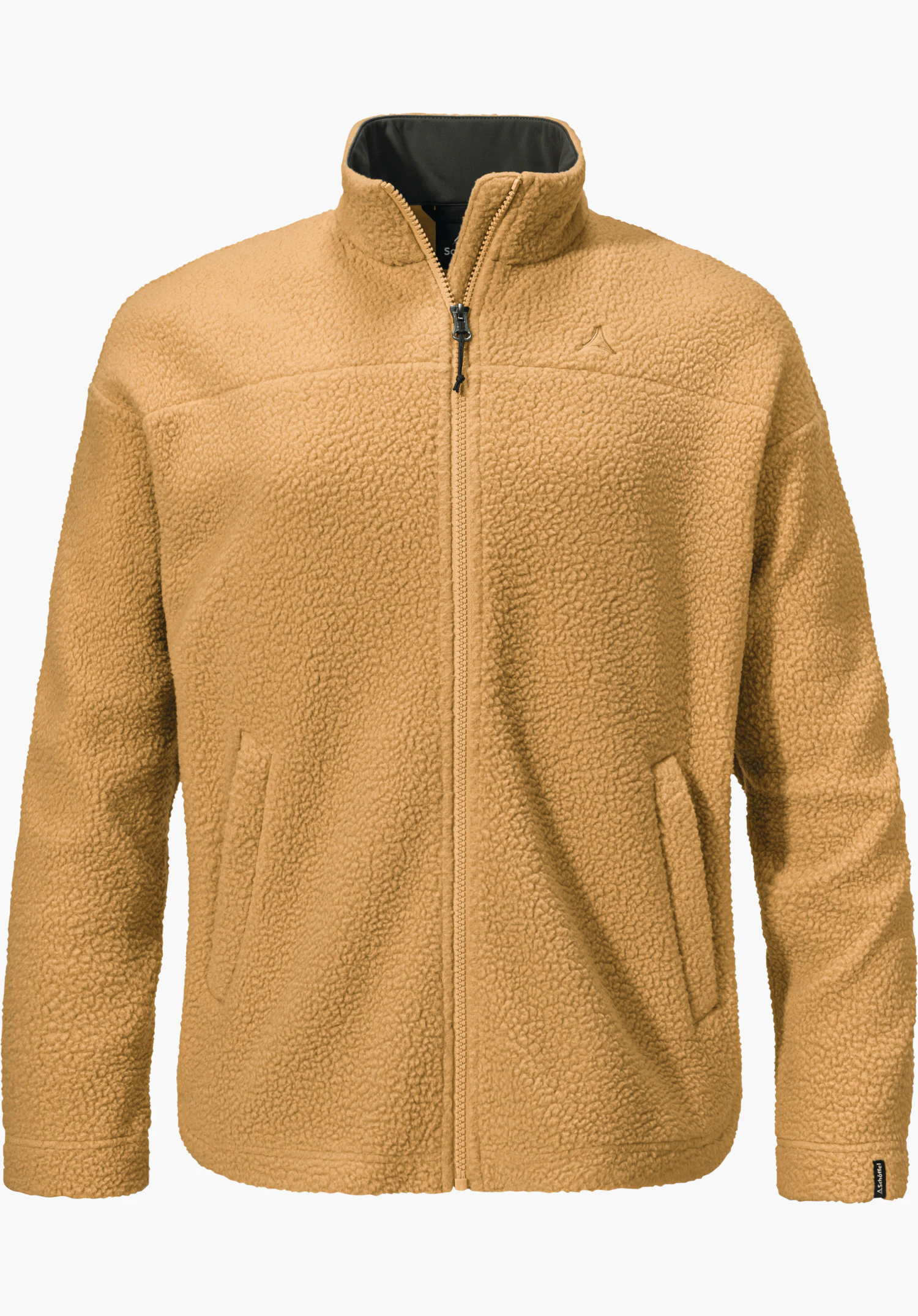 CIRC Fleece Jk Style Purga WMS Fleecejacke, hellbraun, mit Reißverschluss geschlossen und Stehkragen, Schöffel-Logo auf der Brust, weich strukturierte Oberfläche, zwei Eingrifftaschen, vor weißem Hintergrund.