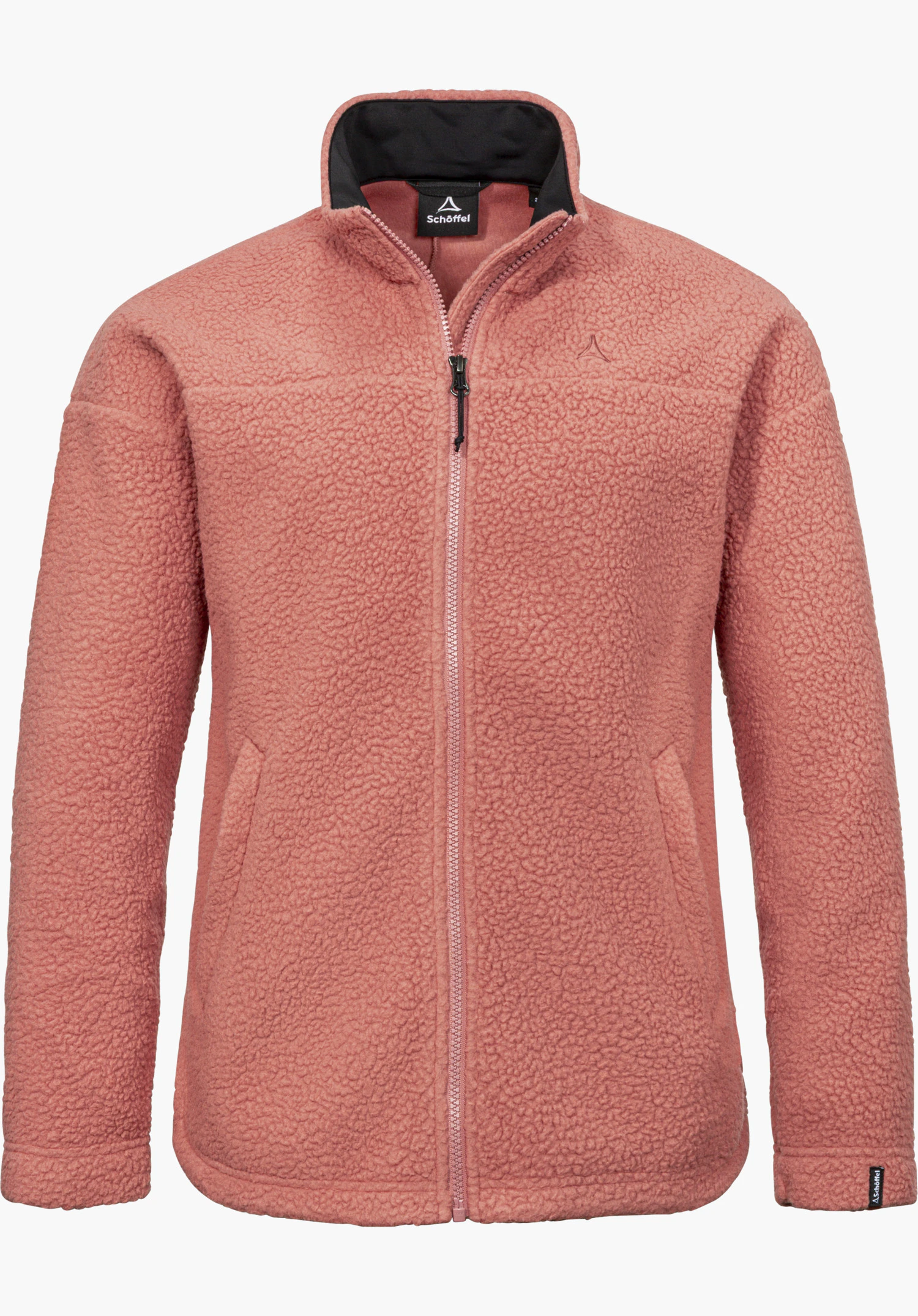 CIRC Fleece Jk Style Purga WMS Sherpa fleece in pink with a full-length zipper, stand-up collar and Schöffel logo, isolated on a white background.