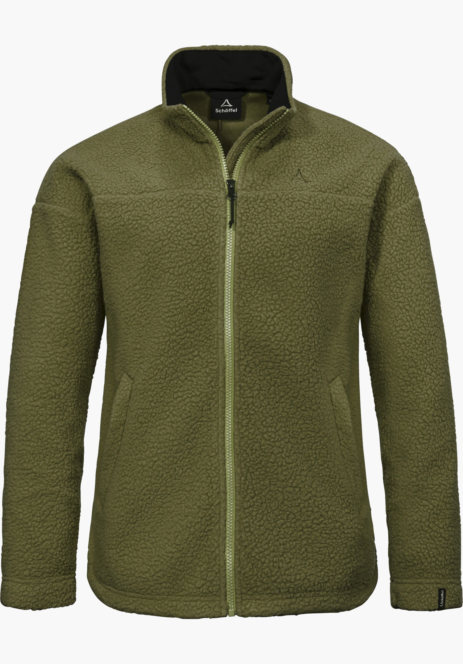 CIRC Fleece Jk Style Purga WMS Sherpa fleece in green with a front zipper, stand-up collar and Schöffel logo, isolated on a white background.