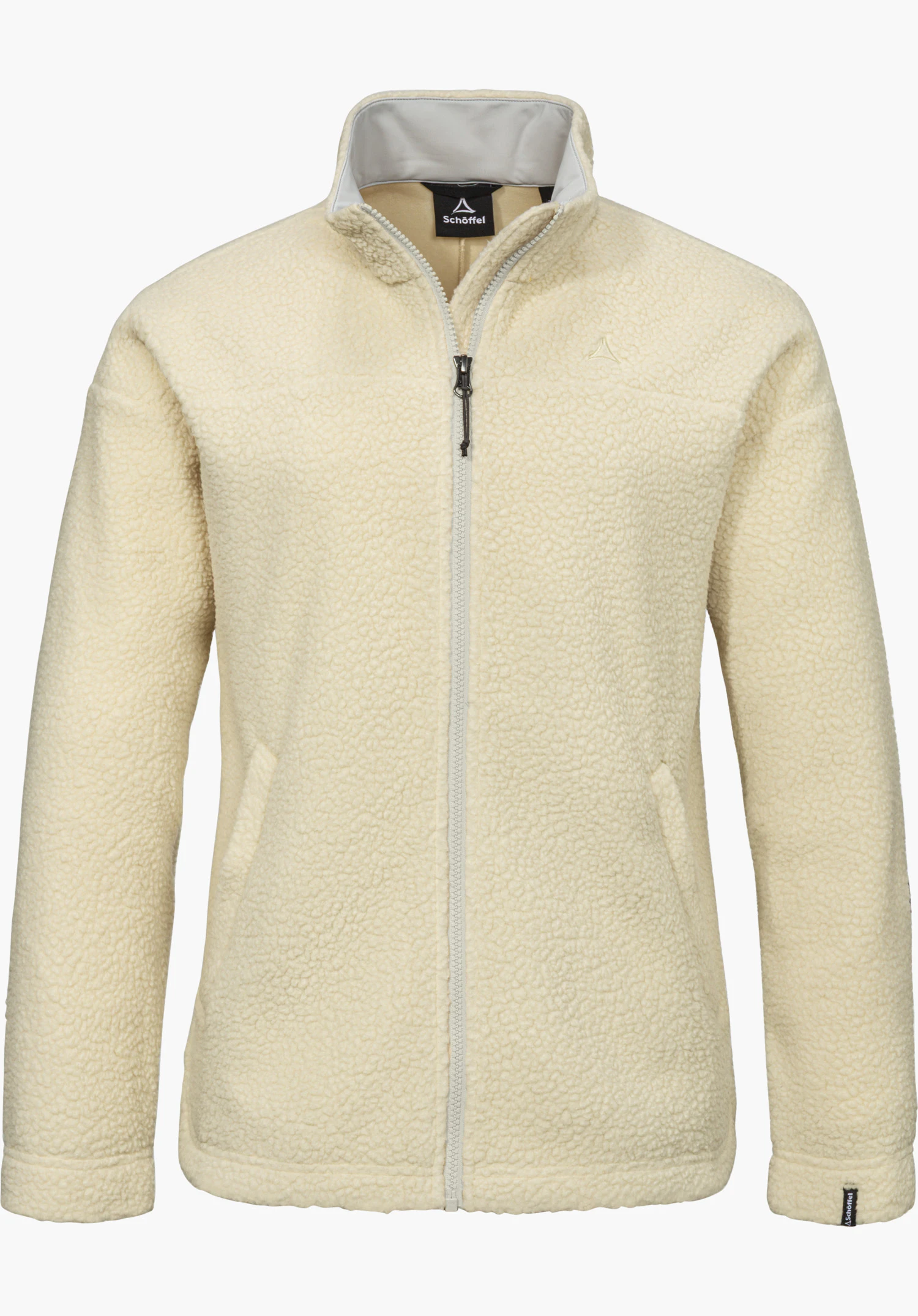 CIRC Fleece Jk Style Purga WMS Sherpa fleece in beige with a front zipper, stand-up collar and visible Schöffel lettering at the back of the neck, isolated on a white background.