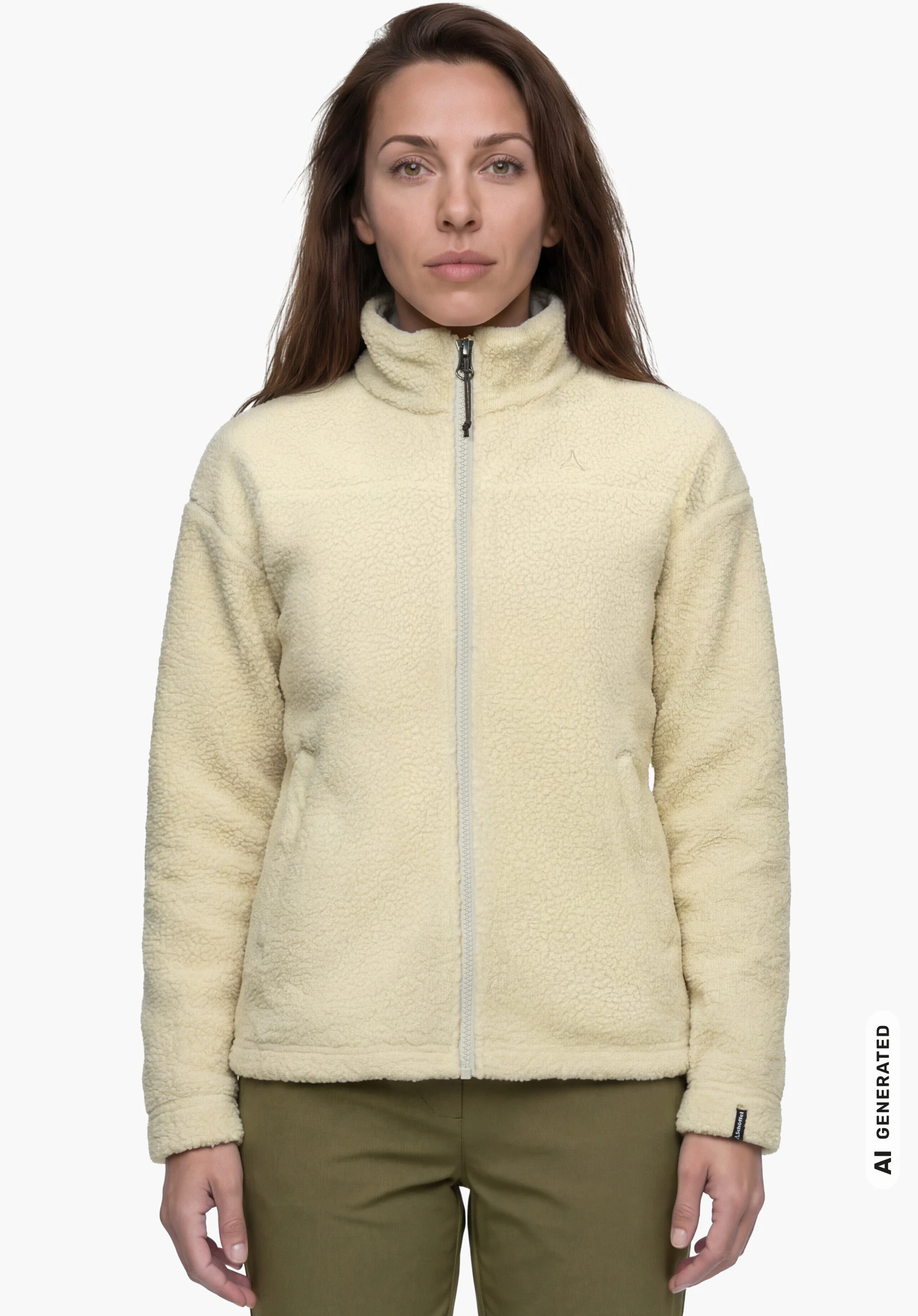 CIRC Fleece Jk Style Purga WMS in beige, worn by a female model shown from the front standing upright with the zipper closed and Schöffel logo on the chest against a white background. (AI-generated)