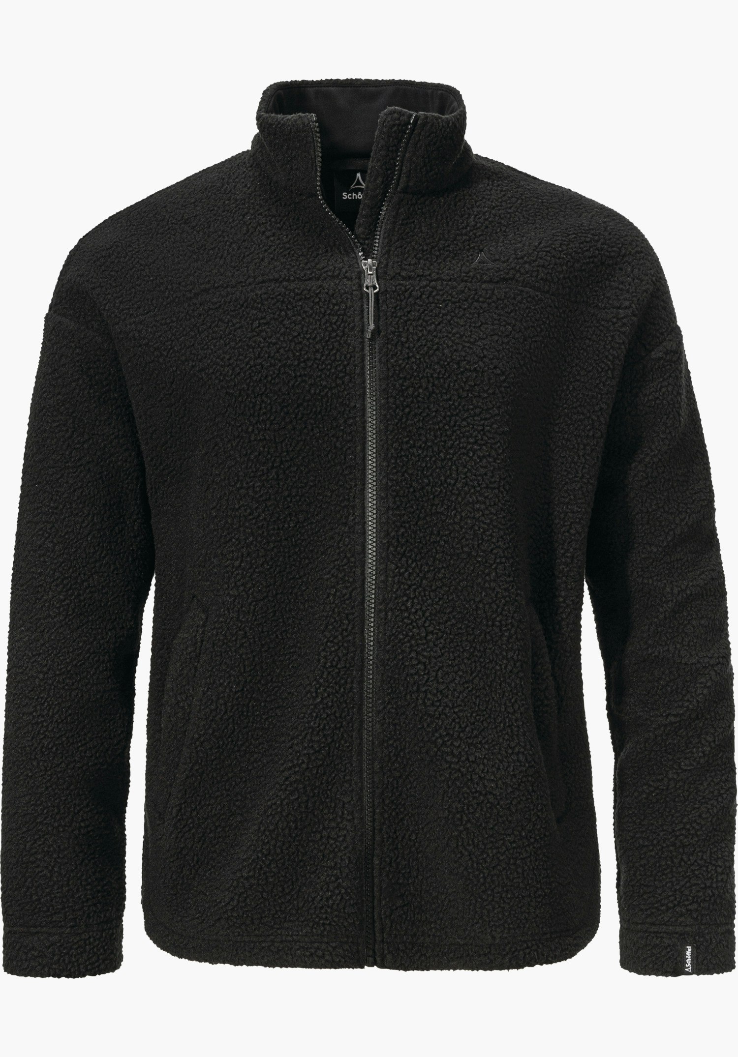 CIRC Fleece Jk Style Purga WMS black fleece jacket, front view with zip closed; Schöffel logo on the chest; white studio background. Text: “Schöffel”.