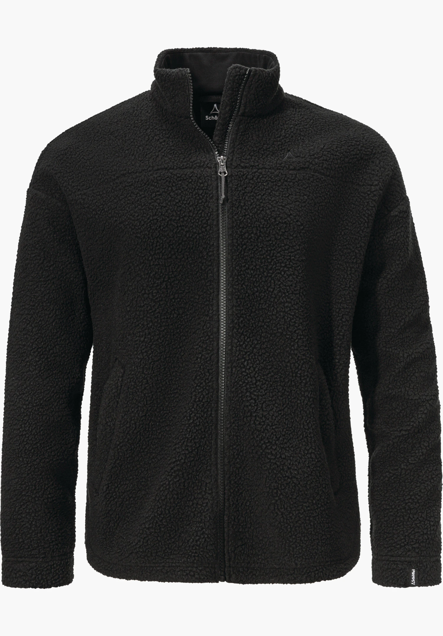 CIRC Fleece Jk Style Purga WMS black fleece jacket, front view with zip closed; Schöffel logo on the chest; white studio background. Text: “Schöffel”.