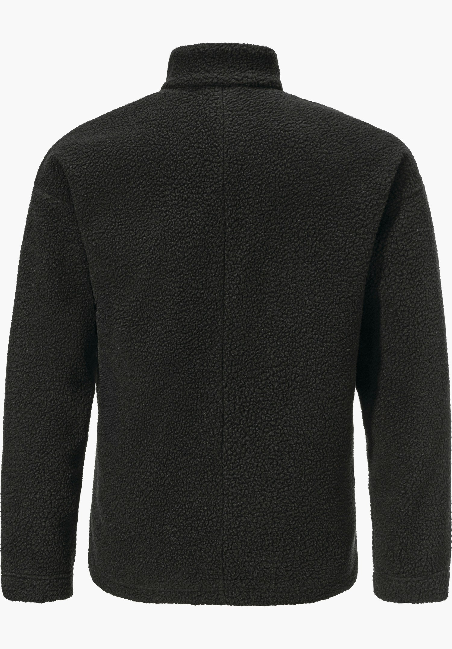 CIRC Fleece Jk Style Purga WMS black fleece jacket, rear view; jacket laid flat, sleeves positioned to the sides, high stand-up collar, textured fleece surface, on a white background.