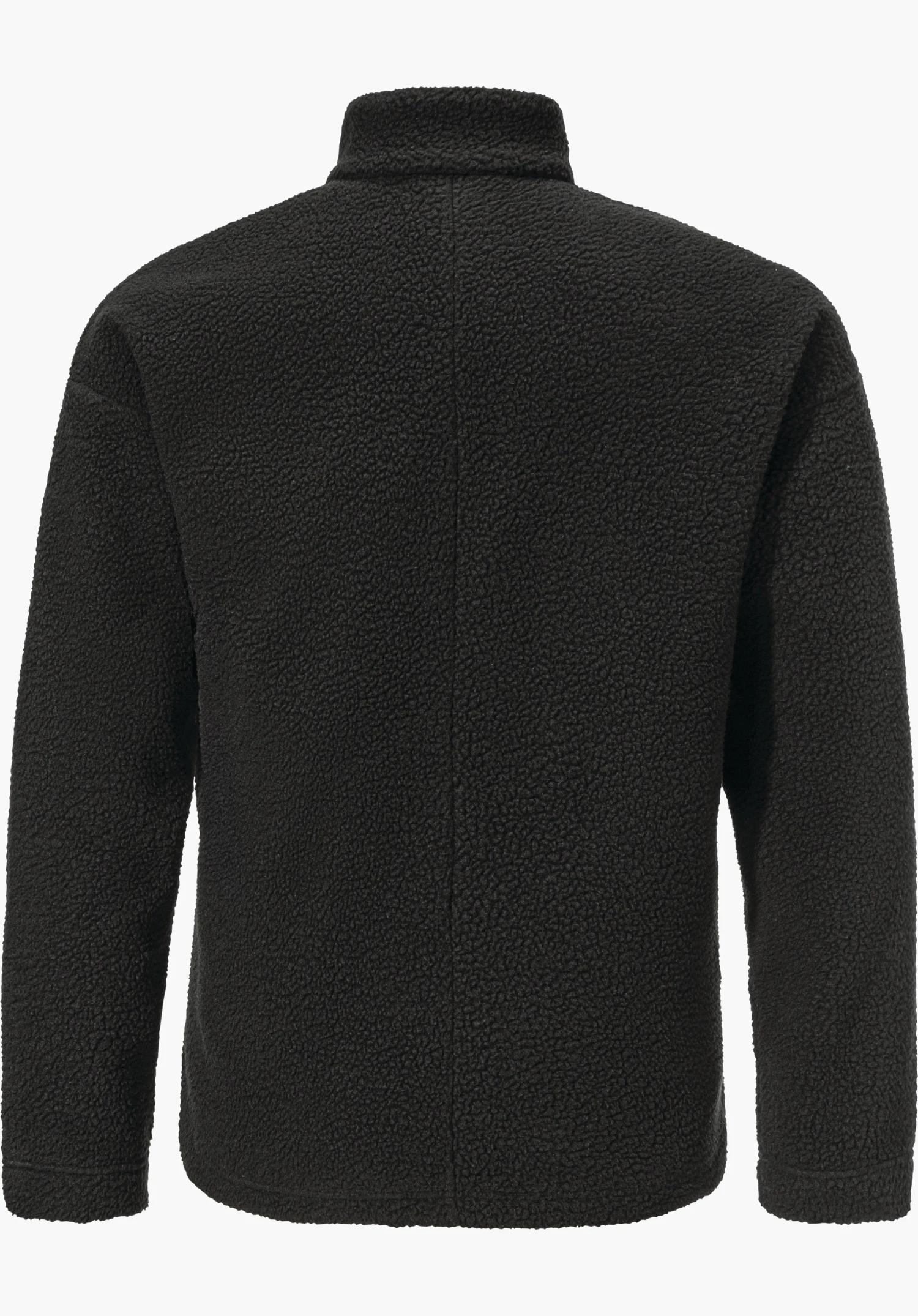 CIRC Fleece Jk Style Purga WMS Zwarte fleecejas, achteraanzicht; ligt plat, mouwen opzij, hoge opstaande kraag, gestructureerd fleece; witte achtergrond.