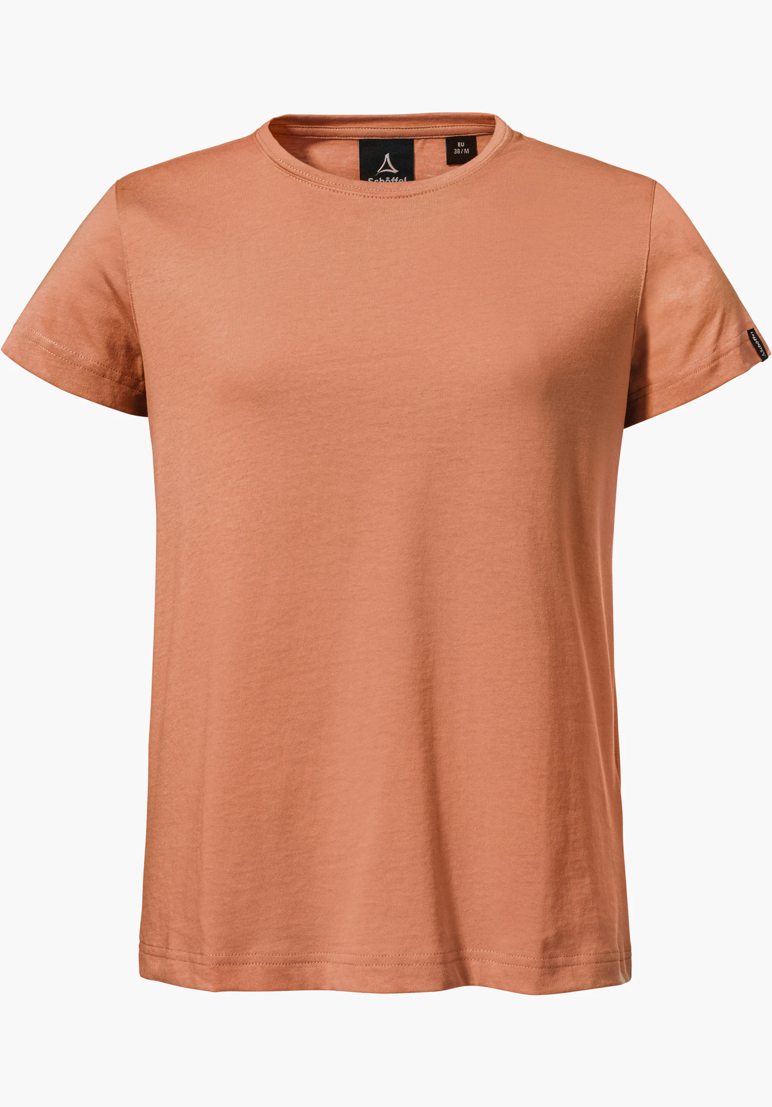 T Shirt Style Collada WMS, focus op de zachte, oranje stofstructuur en het interne Schöffel-logo bij de halslijn, close-up tegen een witte/neutrale achtergrond.