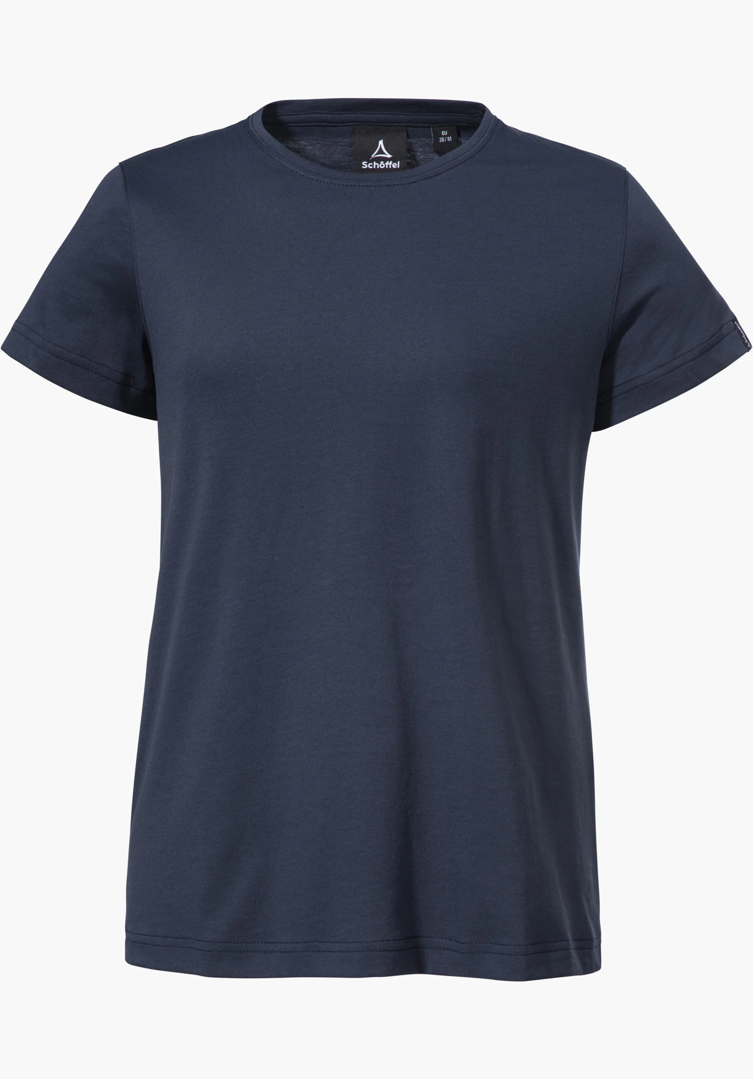T Shirt Style Collada WMS zeigt den klassischen Rundhalsausschnitt und die glatte Struktur des blauen Stoffes, mit dem sichtbaren Schöffel-Logo auf dem inneren Nackenetikett, als Nahaufnahme vor weißem/neutralem Hintergrund.