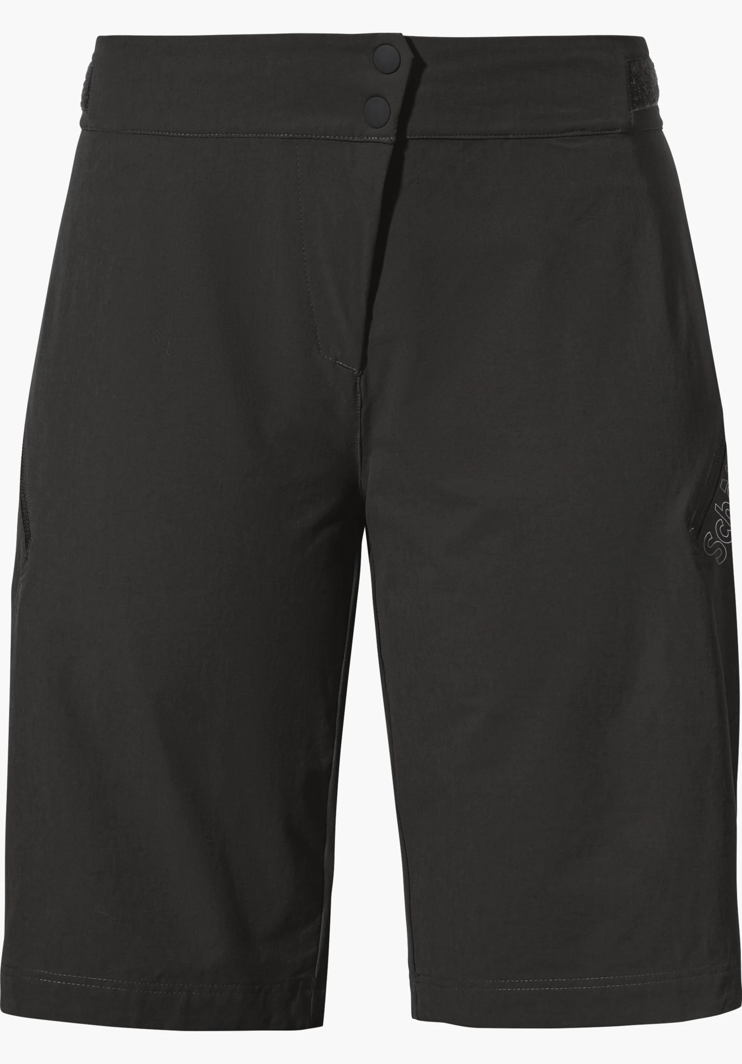 Shorts Style Puula WMS black knee-length shorts, front view; waistband with two press studs, side pockets; on a white background. Text: “Schöffel”.