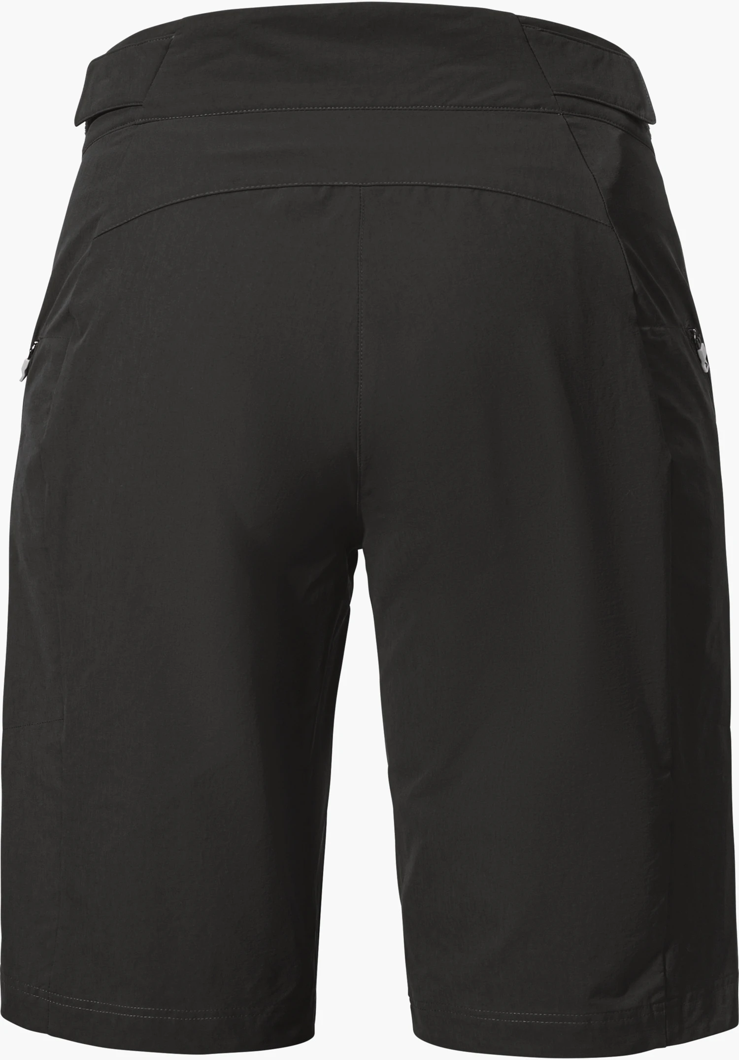 Shorts Style Puula WMS black shorts, viewed from the back, fitting smoothly at the hips; two visible side zip pockets, straight leg shape, Schöffel logo on the right pocket; white background.