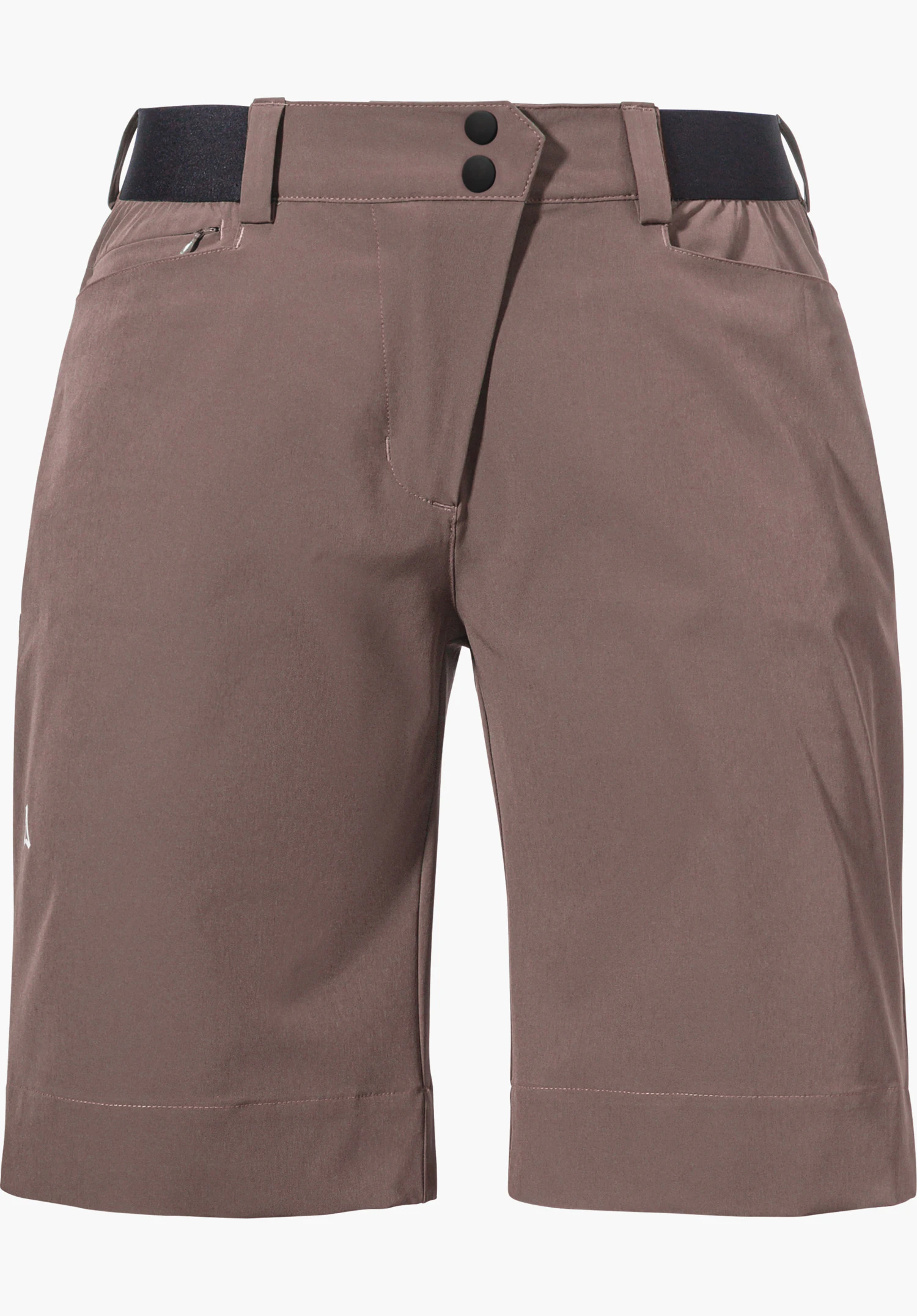 Shorts Style Keitele WMS in brown with black accents on the waistband, a zip pocket and a Schöffel logo on the side, isolated against a white background.