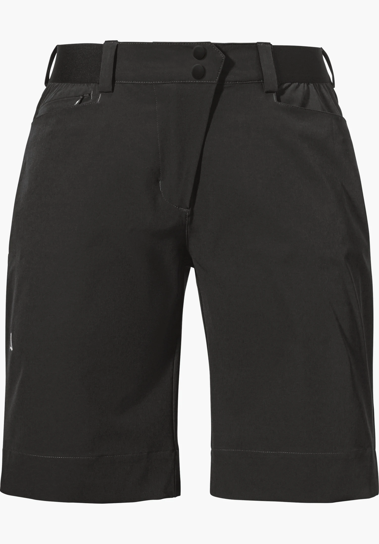 Shorts Style Keitele WMS black shorts, front view laid flat, with elastic waistband, two press studs, zip pocket and Schöffel logo on the left side on a white background.