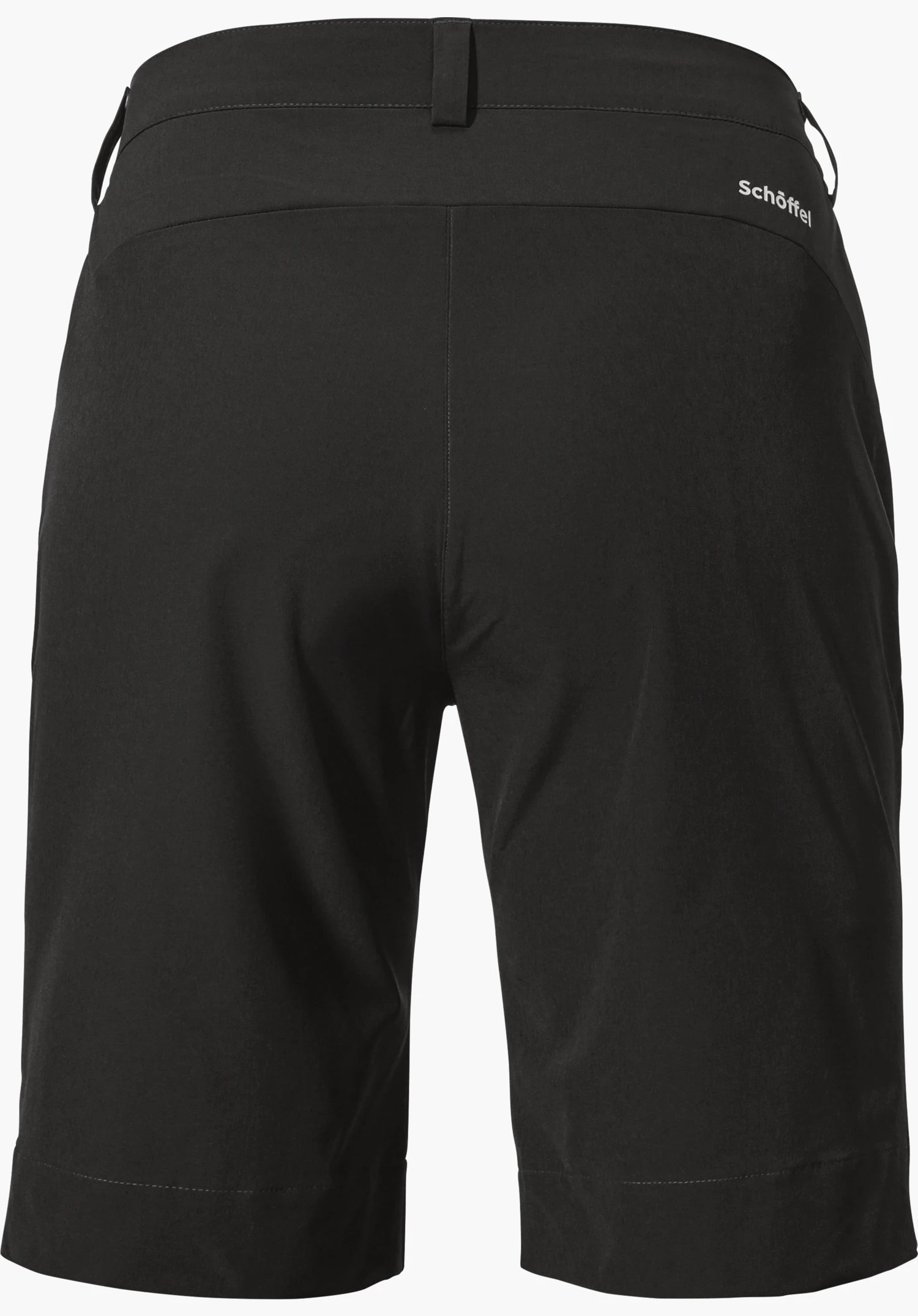 Shorts Style Keitele WMS zwarte short, achteraanzicht, vrijstaand op witte achtergrond; rechter tailleband met witte tekst “Schöffel”.