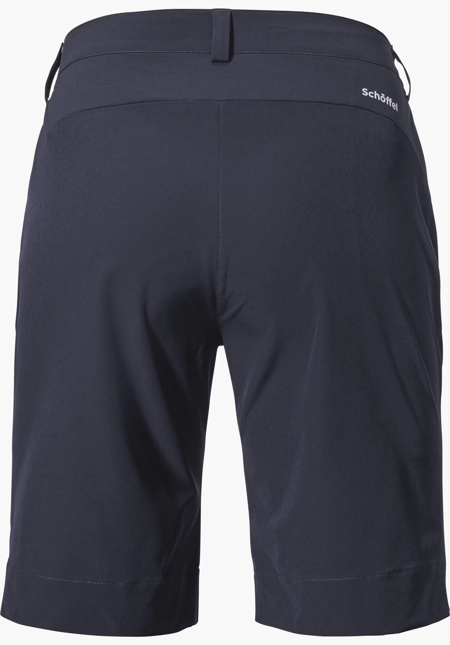 Shorts Style Keitele WMS in blauw toont de achterkant met riemlussen en het witte Schöffel-logo aan de rechterkant, vrijstaand tegen een witte achtergrond.