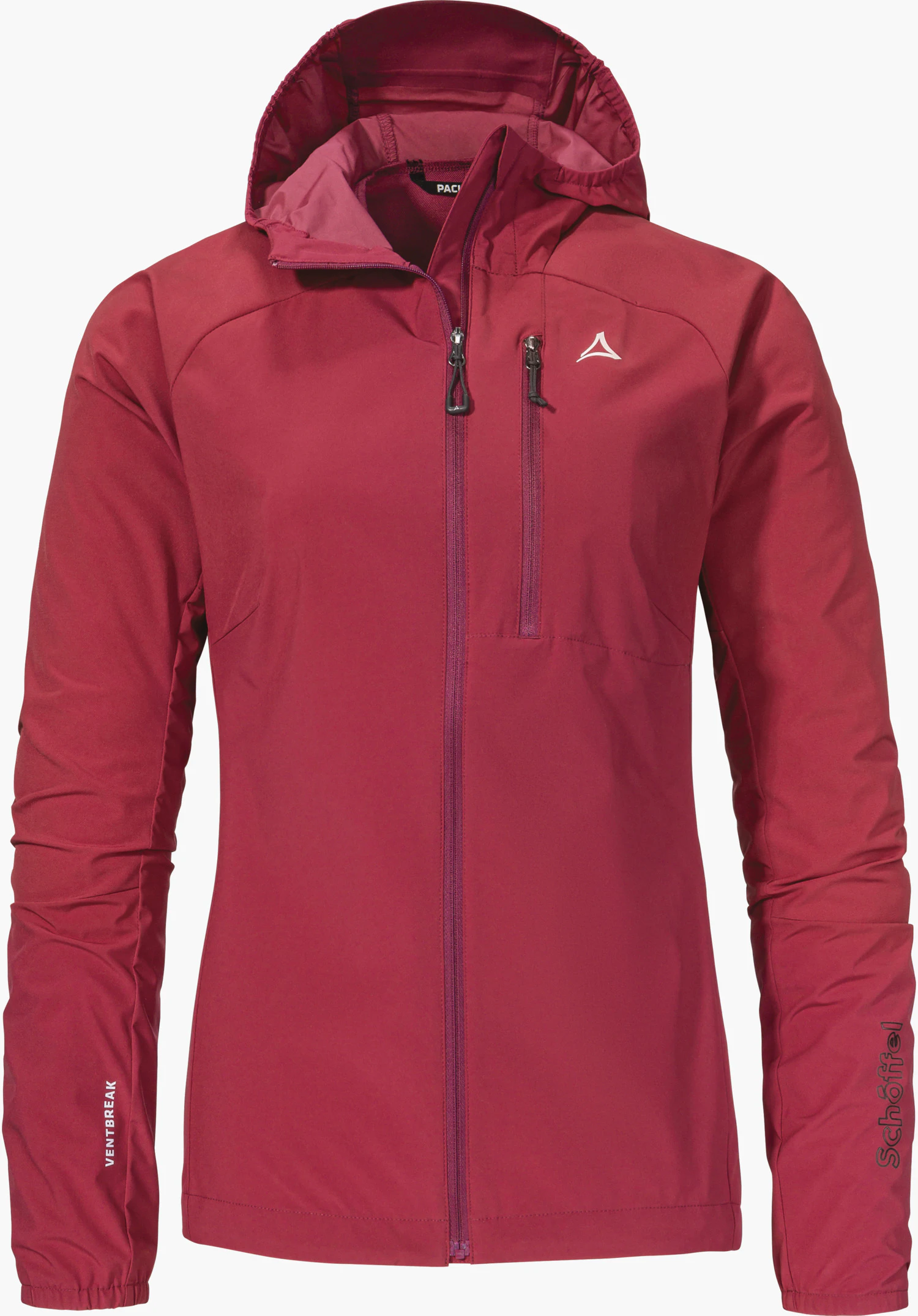 Hybrid Jk Style Mamry WMS as a red jacket with a hood, full-length front zip, a chest pocket and the Schöffel logo on the left chest, isolated against a white background.