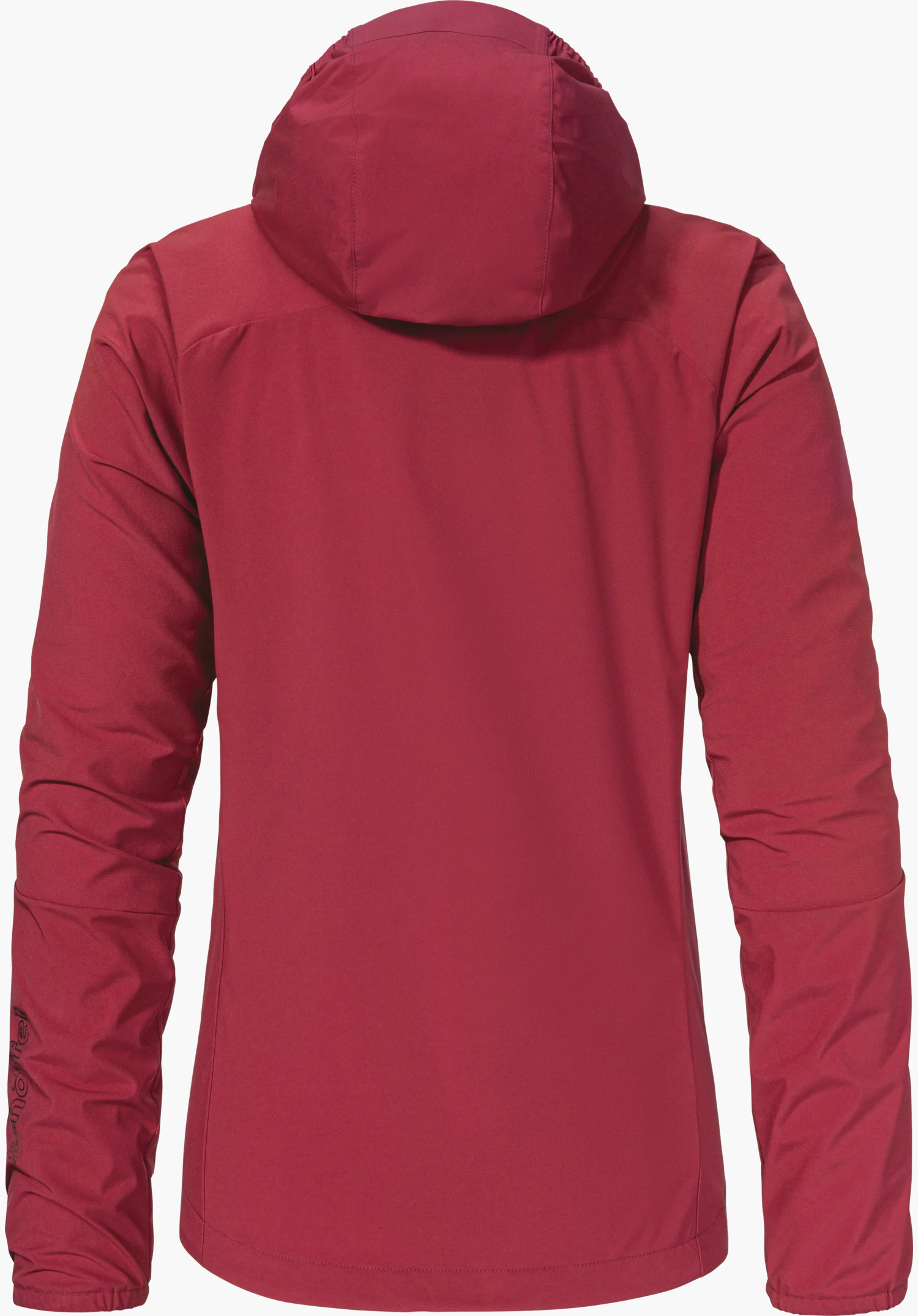 Hybrid Jk Style Mamry WMS in vibrant red is shown from the back, featuring a hood and a subtle Schöffel logo on the sleeve, freigestellt vor weißem Hintergrund.