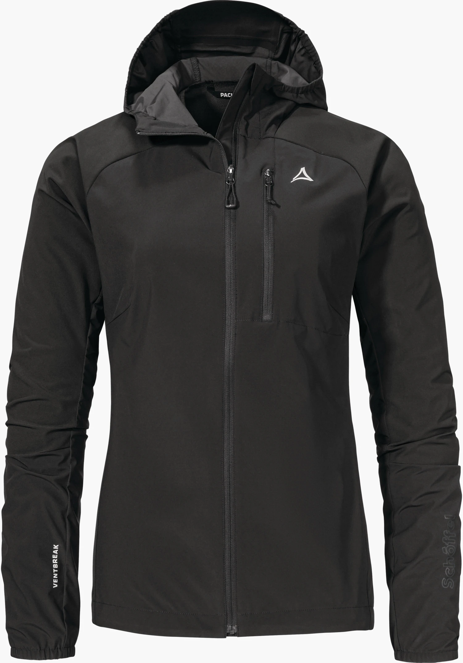 Hybrid Jk Style Mamry WMS in black with a hood, full-length front zip, a chest pocket and the white Schöffel logo on the left chest, isolated against a white background.