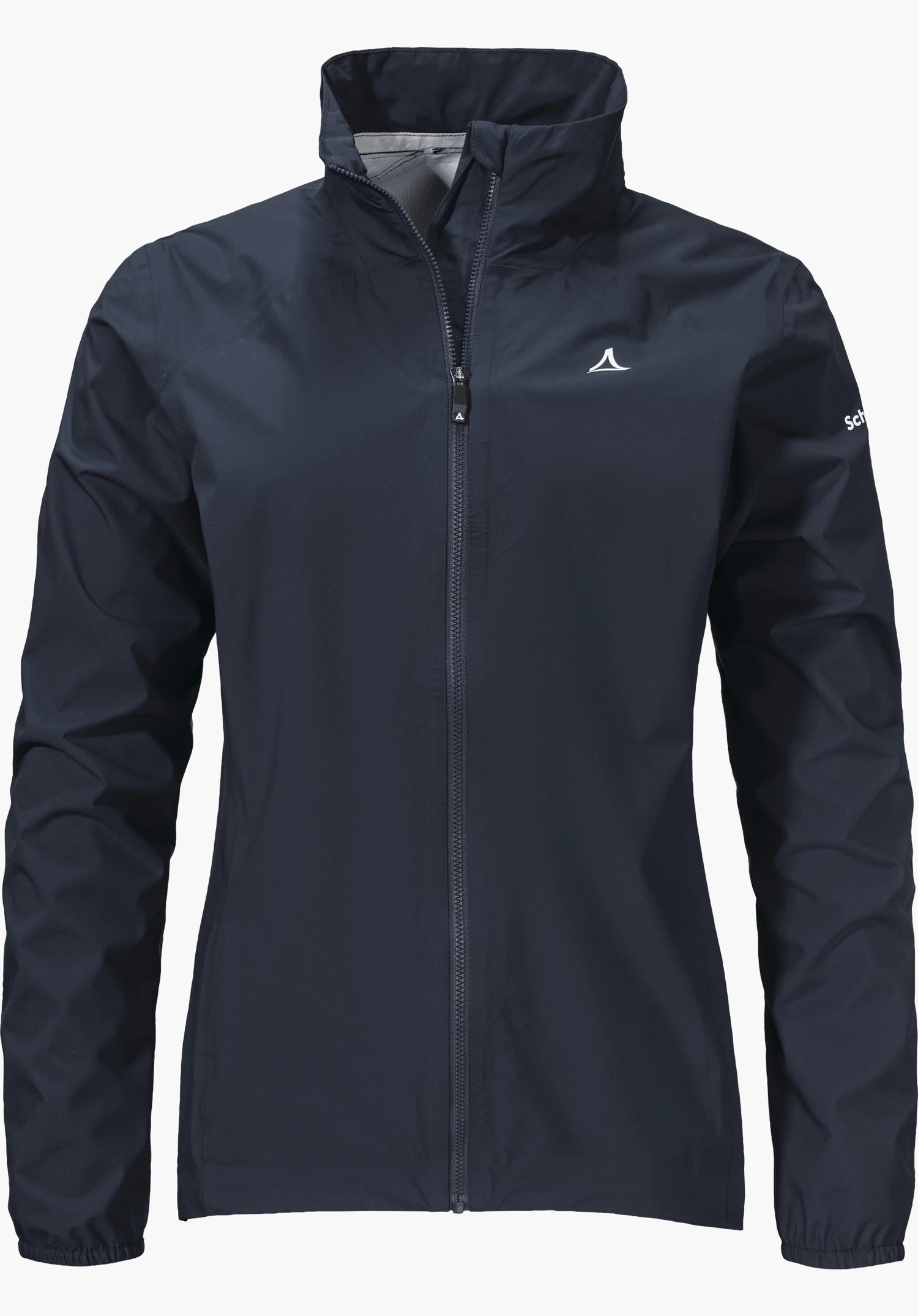 Jacket Style Lurbek WMS Dunkelblaue Regenjacke mit geschlossenem Reißverschluss, Schöffel-Logo auf linker Brust, Ärmel mit Schriftzug "Schöffel", vor neutralem weißem Hintergrund.