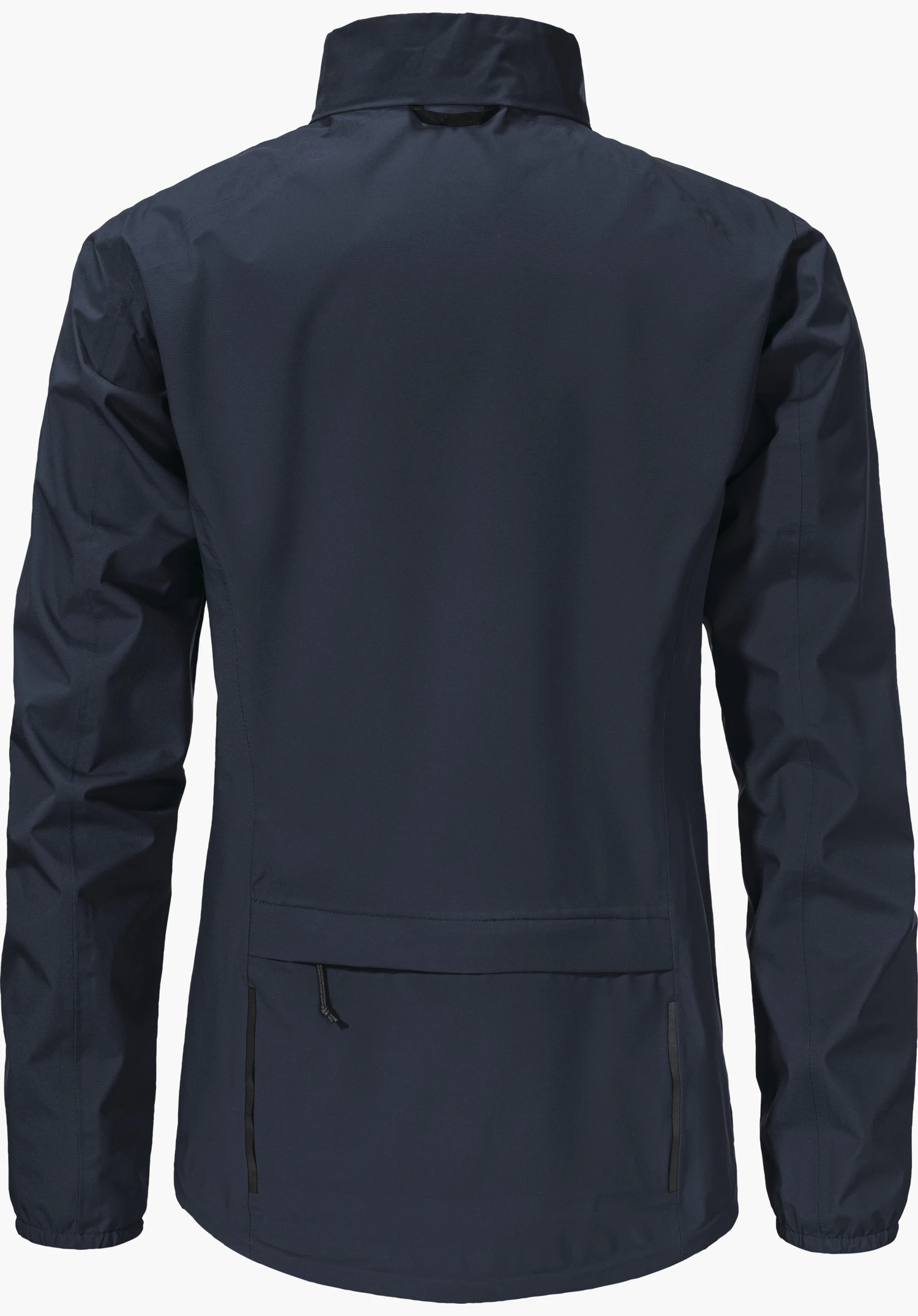 Jacket Style Lurbek WMS dunkelblaue Jacke, von hinten abgebildet, vor weißem Hintergrund; hoher Stehkragen, lange Ärmel, horizontale Reißverschlusstasche am unteren Rücken, schmaler gerundeter Saum.