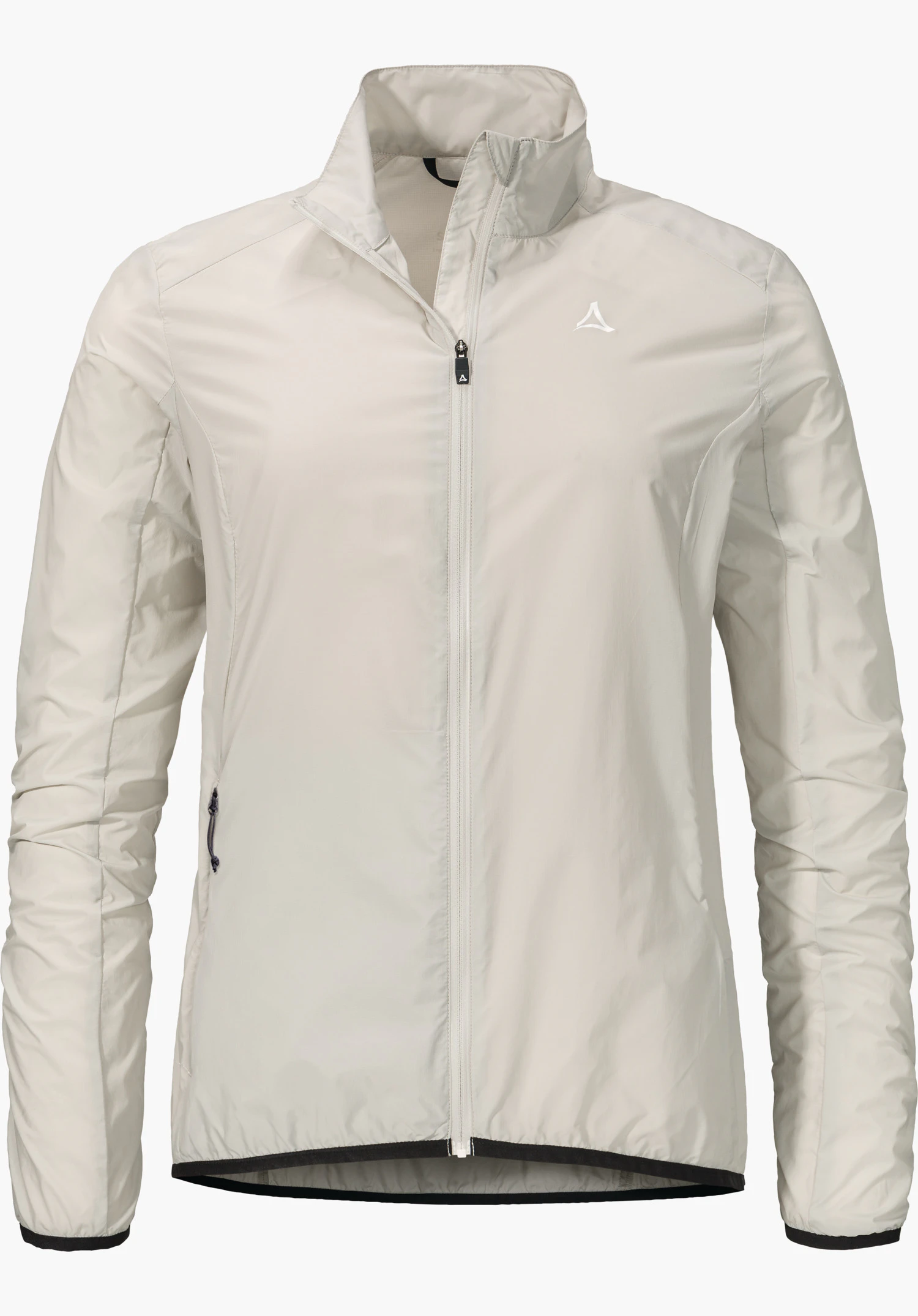 Jacket Style Cannobio WMS white lightweight wind jacket, front view, zip closed, Schöffel logo on left chest, long sleeves, side zip pockets; bright isolated background.