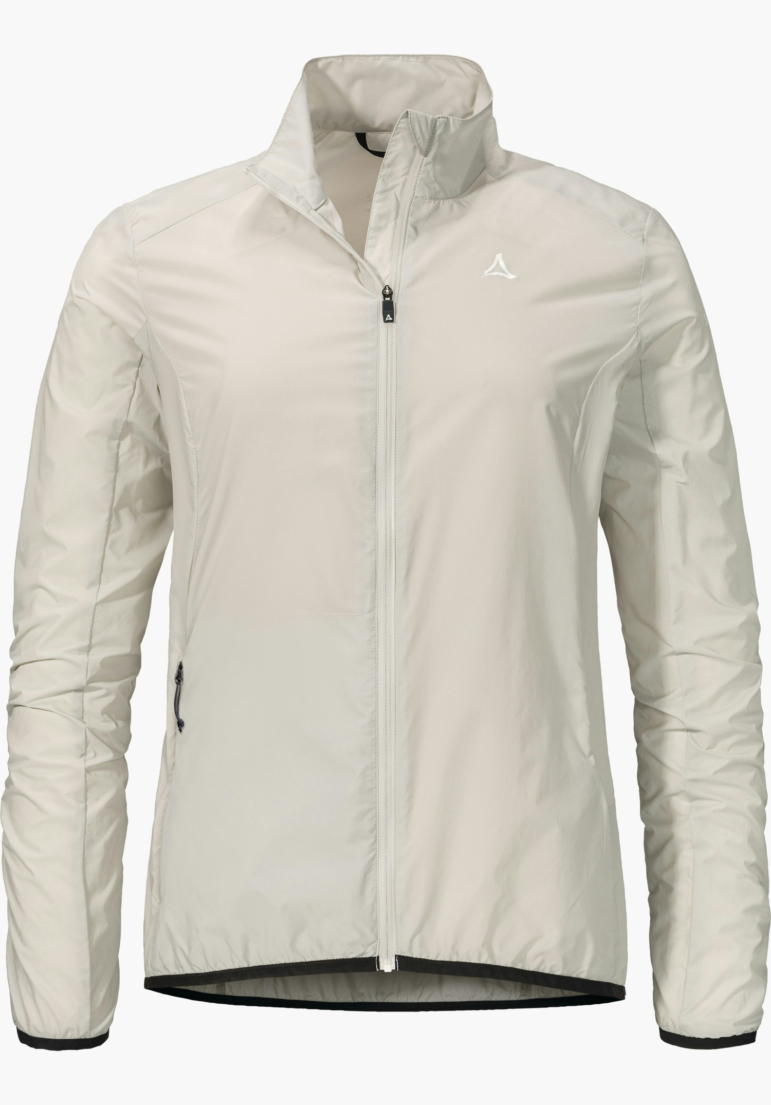 Jacket Style Cannobio WMS white lightweight wind jacket, front view, zip closed, Schöffel logo on left chest, long sleeves, side zip pockets; bright isolated background.