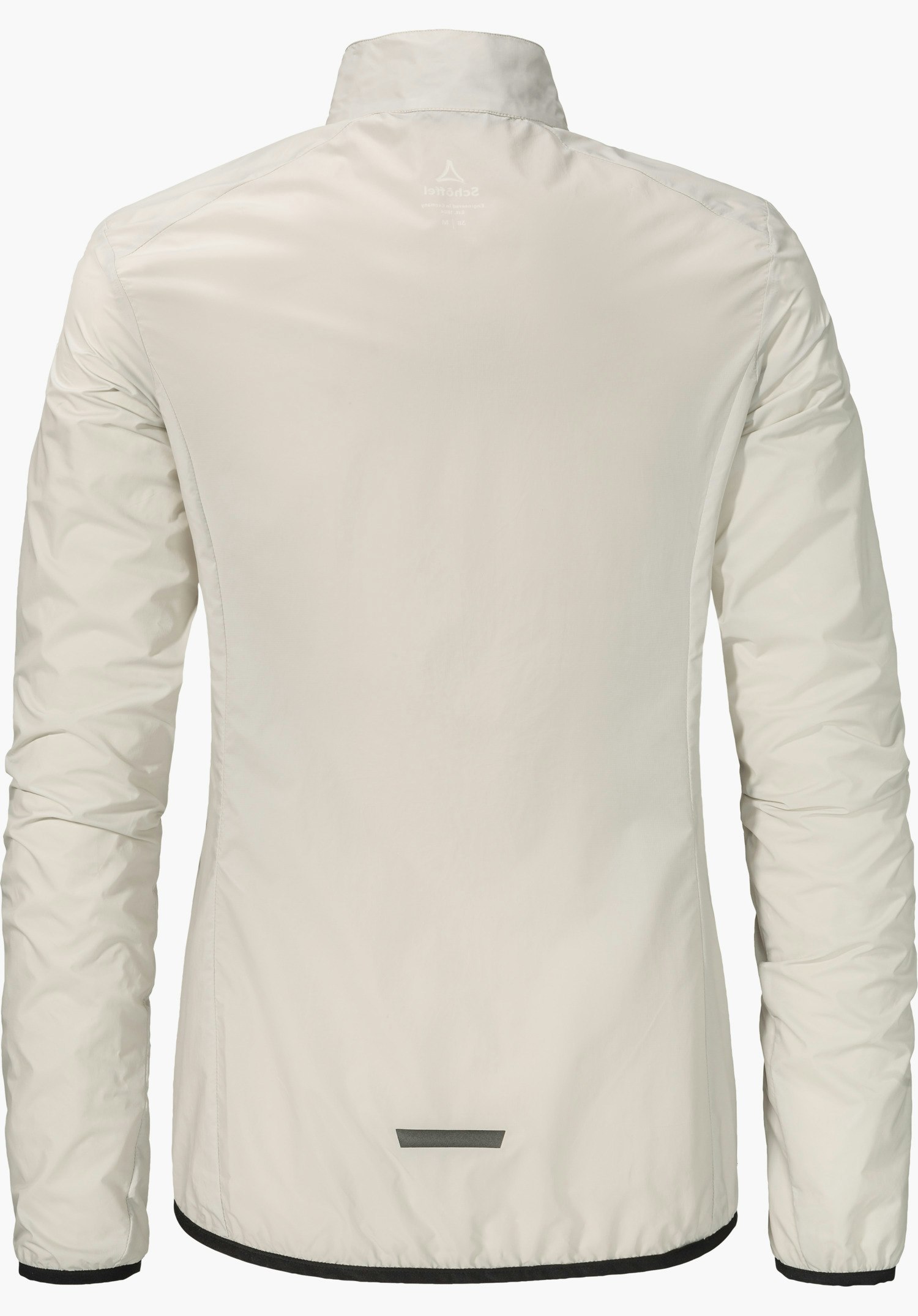 Jacket Style Cannobio WMS white jacket with Schöffel logo, presented from the back; long sleeves worn loosely, black hem and cuffs, against a white background.