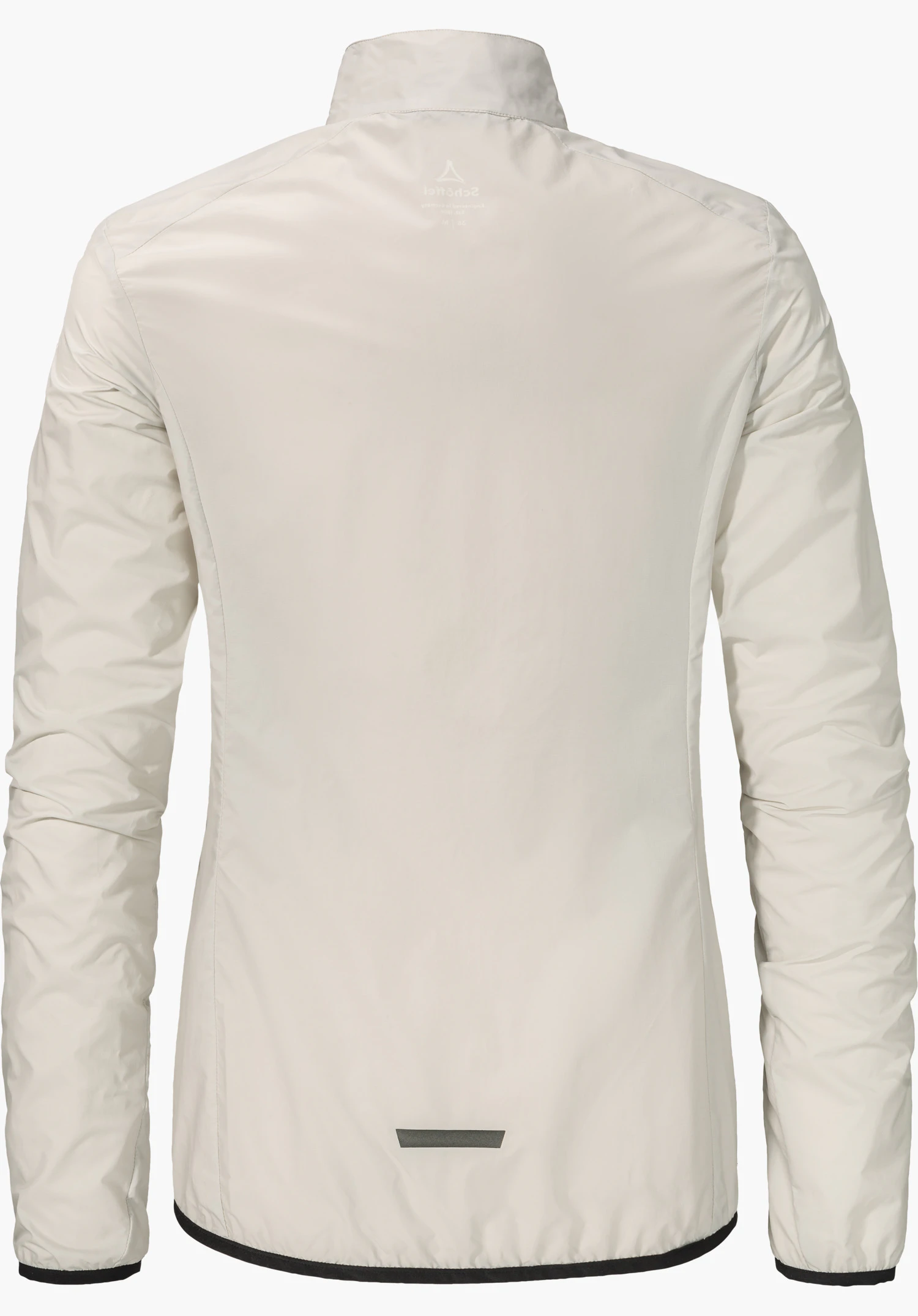 Jacket Style Cannobio WMS Veste blanche avec logo Schöffel, vue de dos; manches longues relâchées, ourlet et poignets noirs, sur fond blanc.