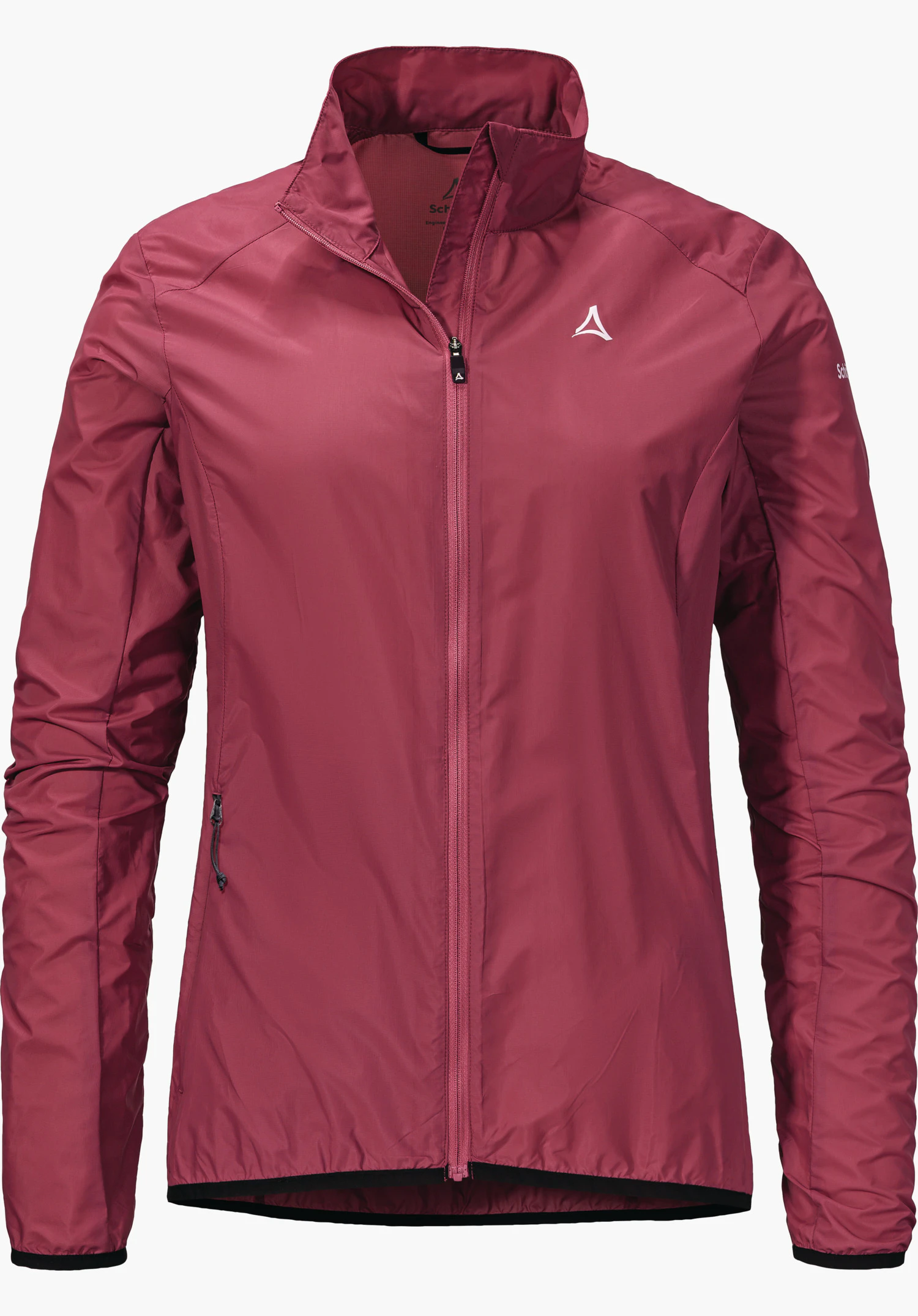 Jacket Style Cannobio WMS RoteWindjacke, vorne geschlossen, mit Schöffel-Logo auf der Brust; freigestellt vor weißem Hintergrund. Schriftzug: "Schöffel".