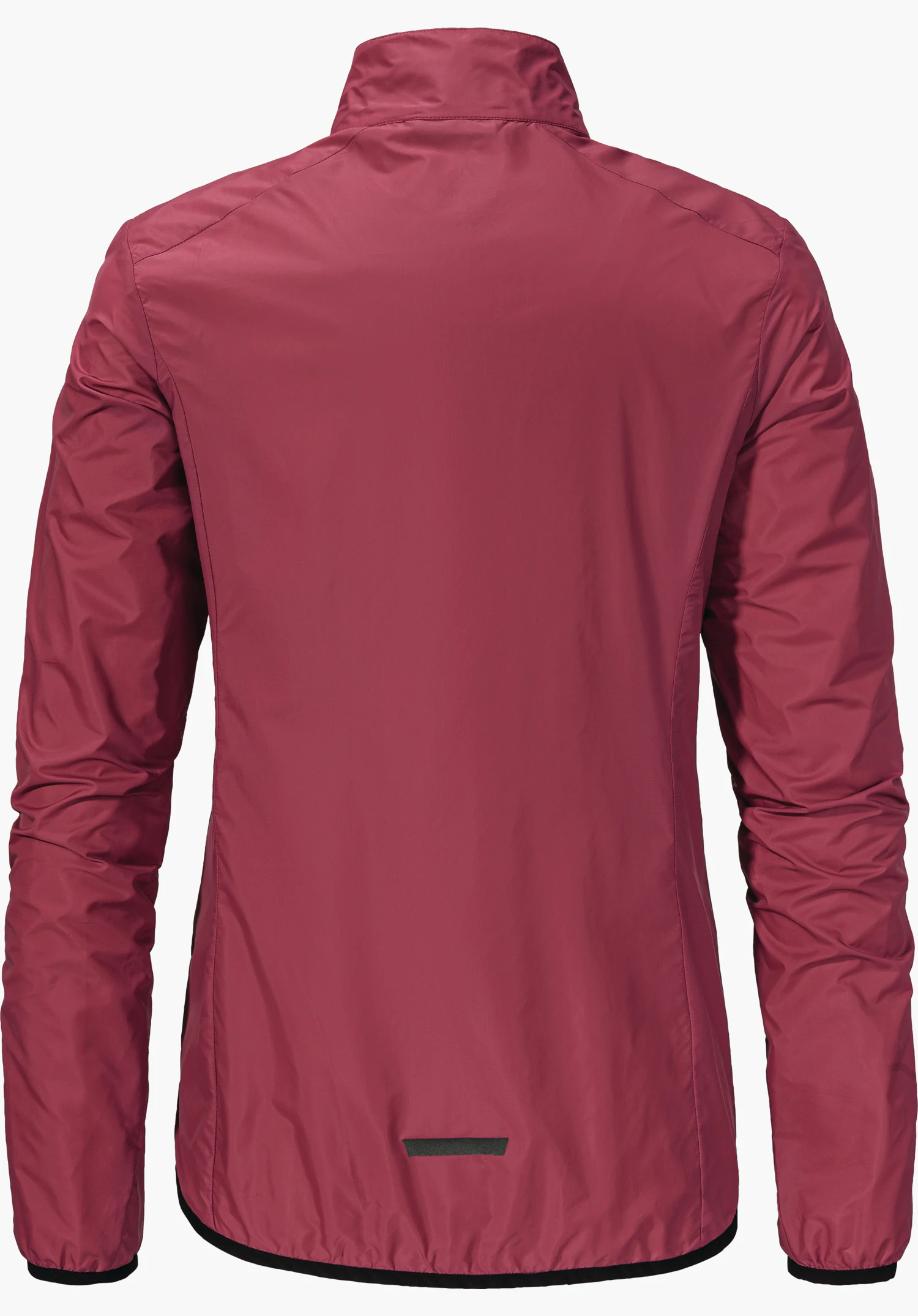 Jacket Style Cannobio WMS dunkelrote Regenjacke, von hinten fotografiert; lange Ärmel, Stehkragen, elastische Bündchen, reflektierender Streifen am unteren Rücken, auf weißem Hintergrund.