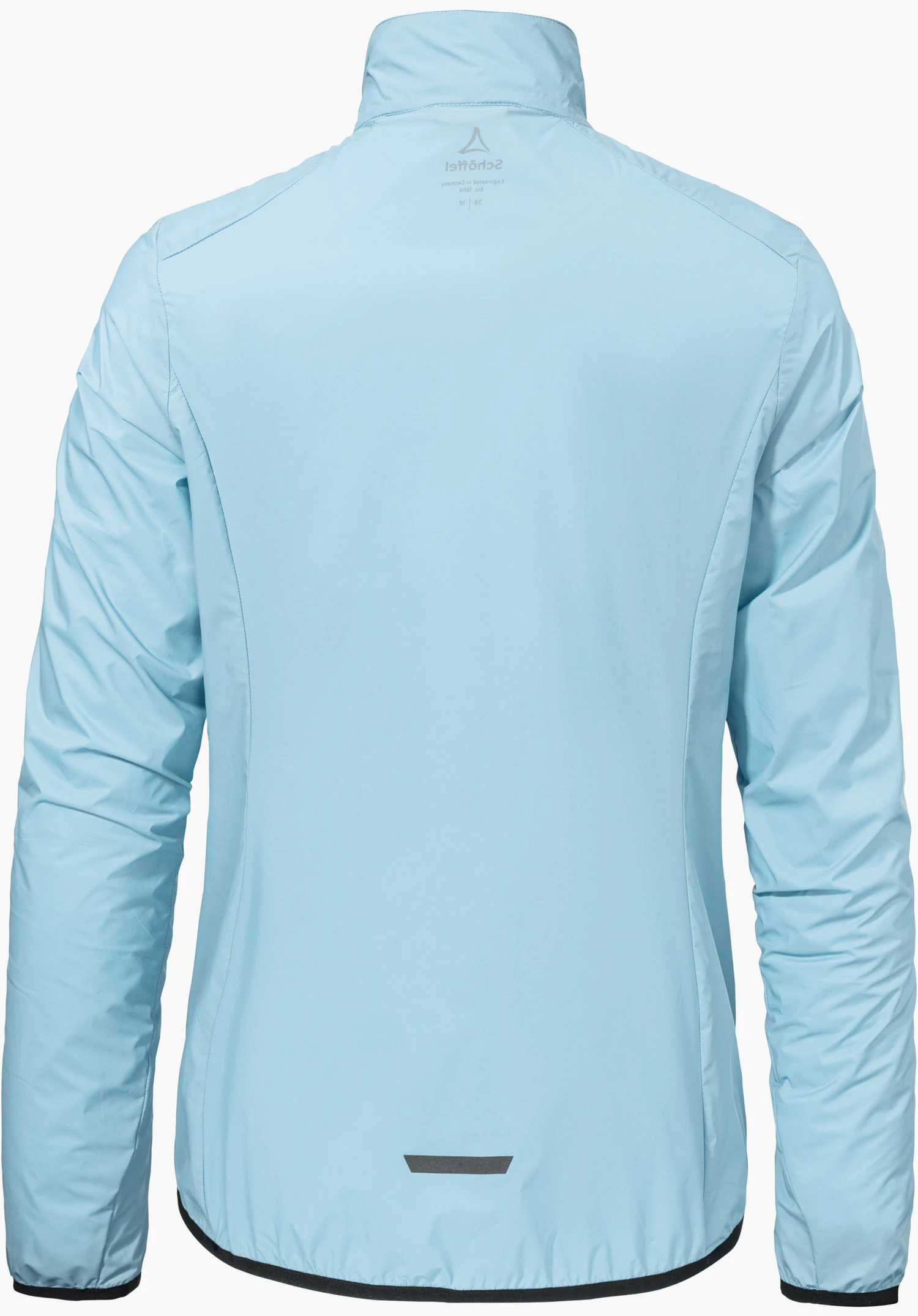 Jacket Style Cannobio WMS in Blau, gezeigt in der Rückenansicht mit einem reflektierenden Detail am unteren Saum und dem auf der Krageninnenseite sichtbaren Schöffel-Logo, freigestellt vor weißem Hintergrund.