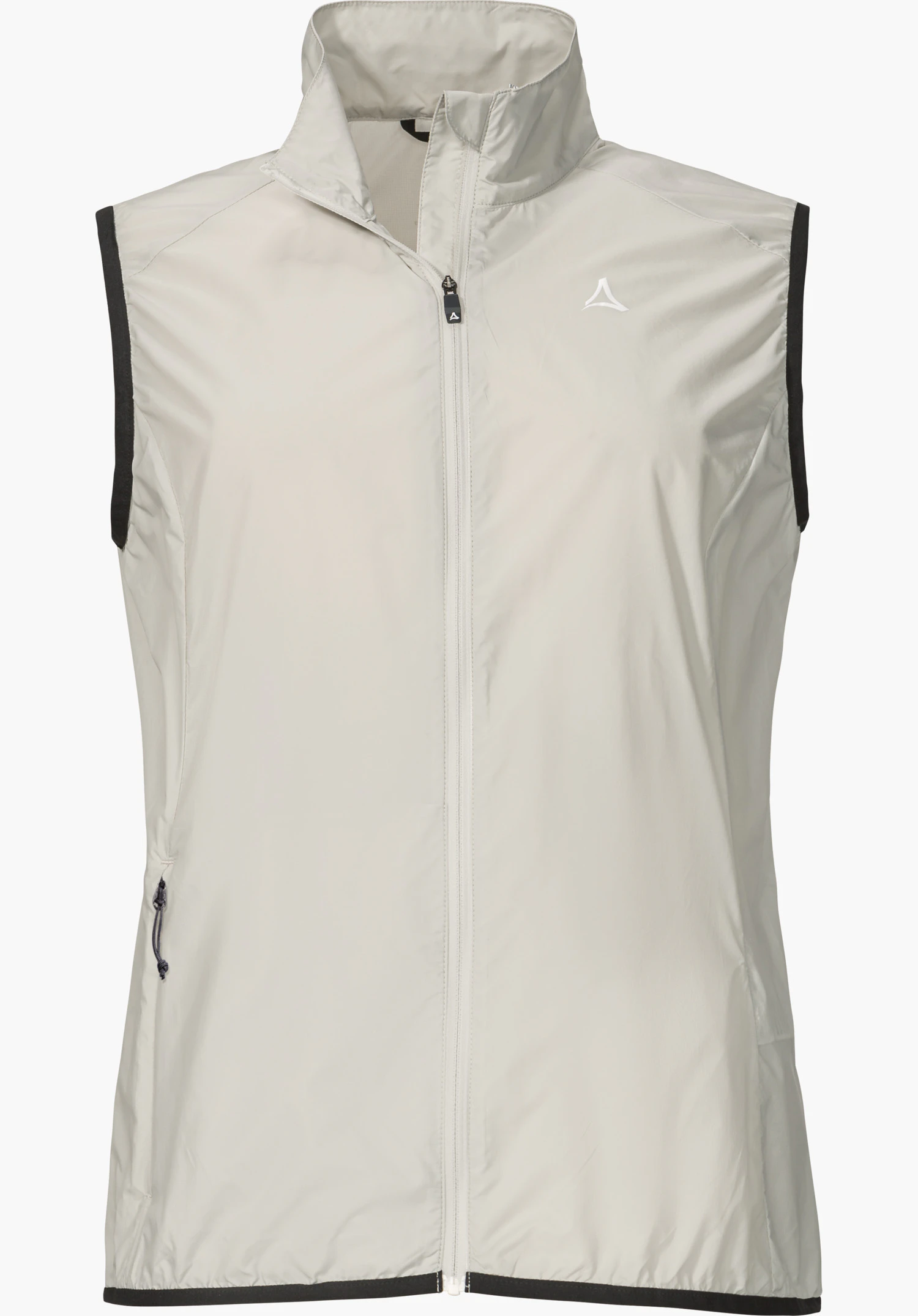 Vest Style Cannobio WMS in der Farbe Natur mit durchgehendem Frontreißverschluss, schwarzen Kontrasteinfassungen an den Armlöchern und am Saum sowie einem Schöffel-Logo auf der linken Brust, freigestellt vor weißem Hintergrund.